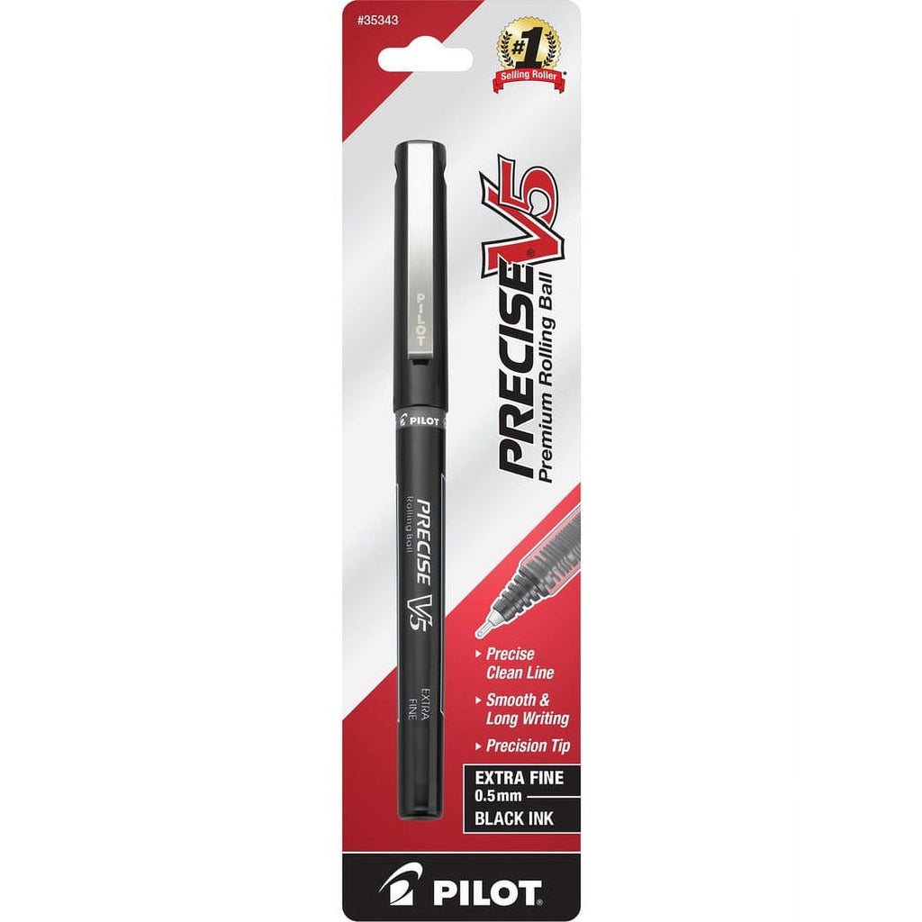 Pilot Precise V5 Extra-Fine Premium Capped Rolling Ball Pens - Extra Fine Pen Point - 0.5 mm Pen Point Size - Needle Pen Point Style - Black - Black Barrel - 1 / Pack | Bundle of 5