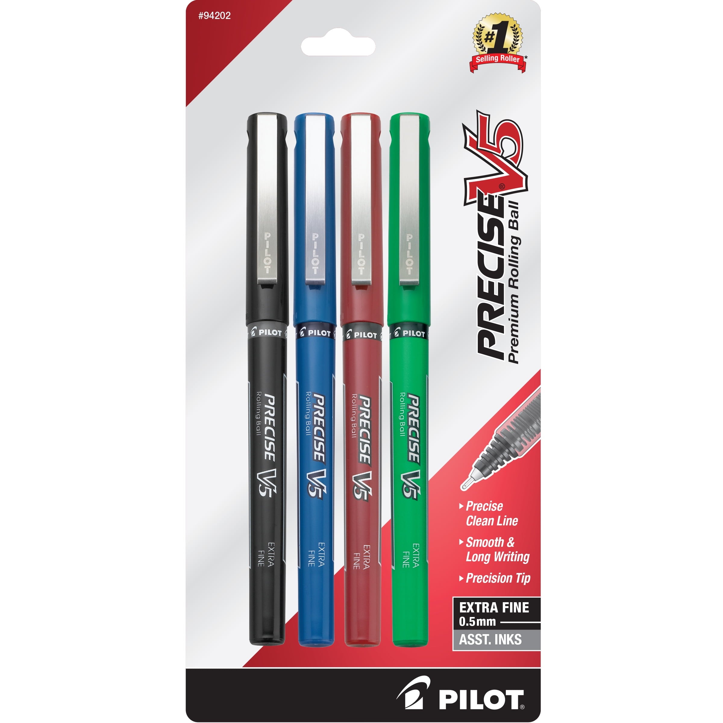 Pilot Precise V5 Rolling Ball Pens, Extra Fine, 0.5mm, Black Ink, 4 Pack