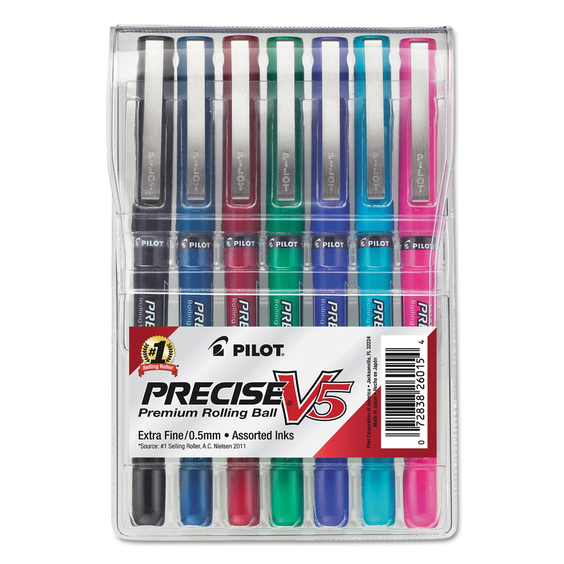 Pilot Precise V5 Rolling Ball Stick Pen, Extra Fine Point, Assorted Ink, 7 Count