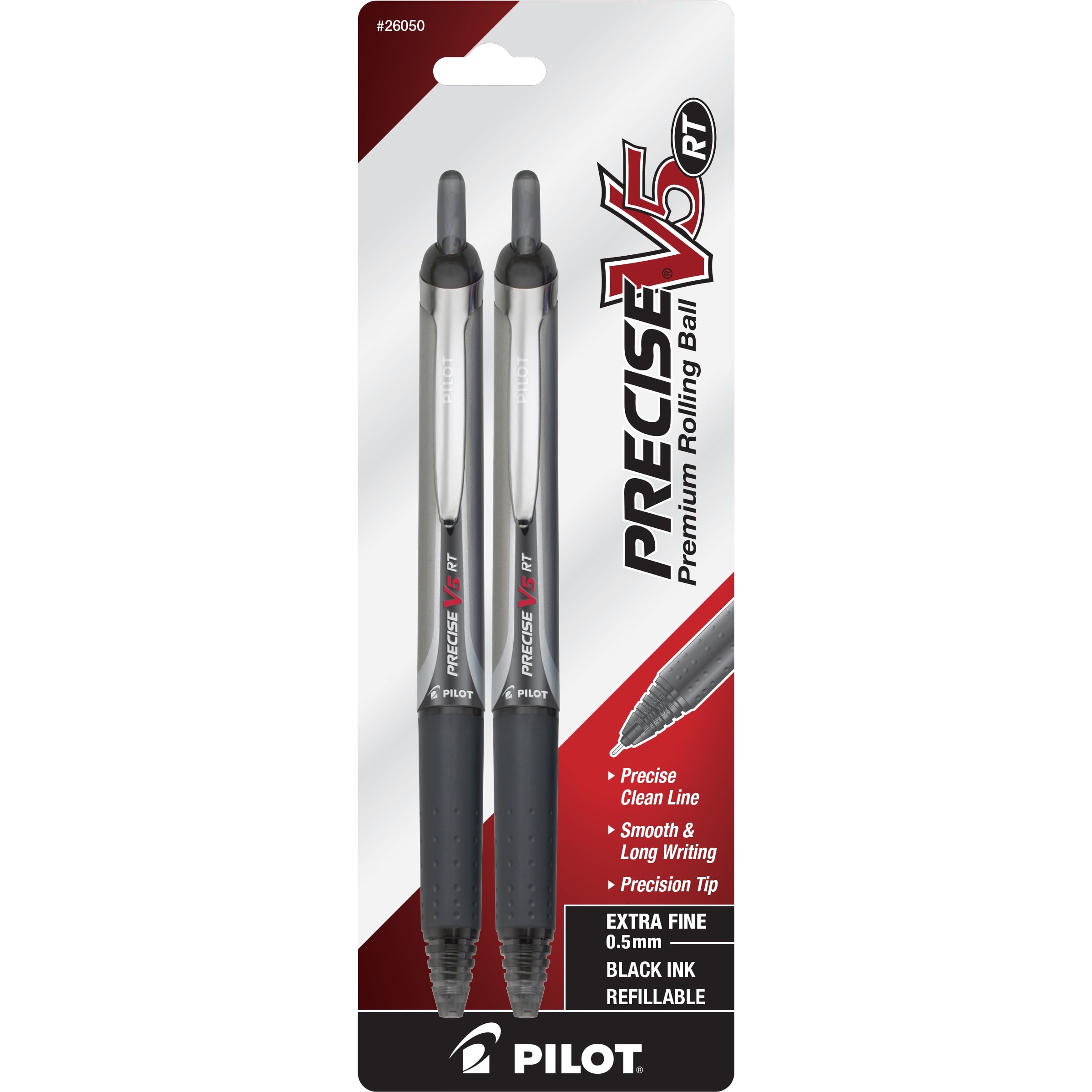 Pilot Precise V5 Retractable Rolling Ball Pens, Extra Fine Point 0.5 mm, Black Ink, 2 Pack