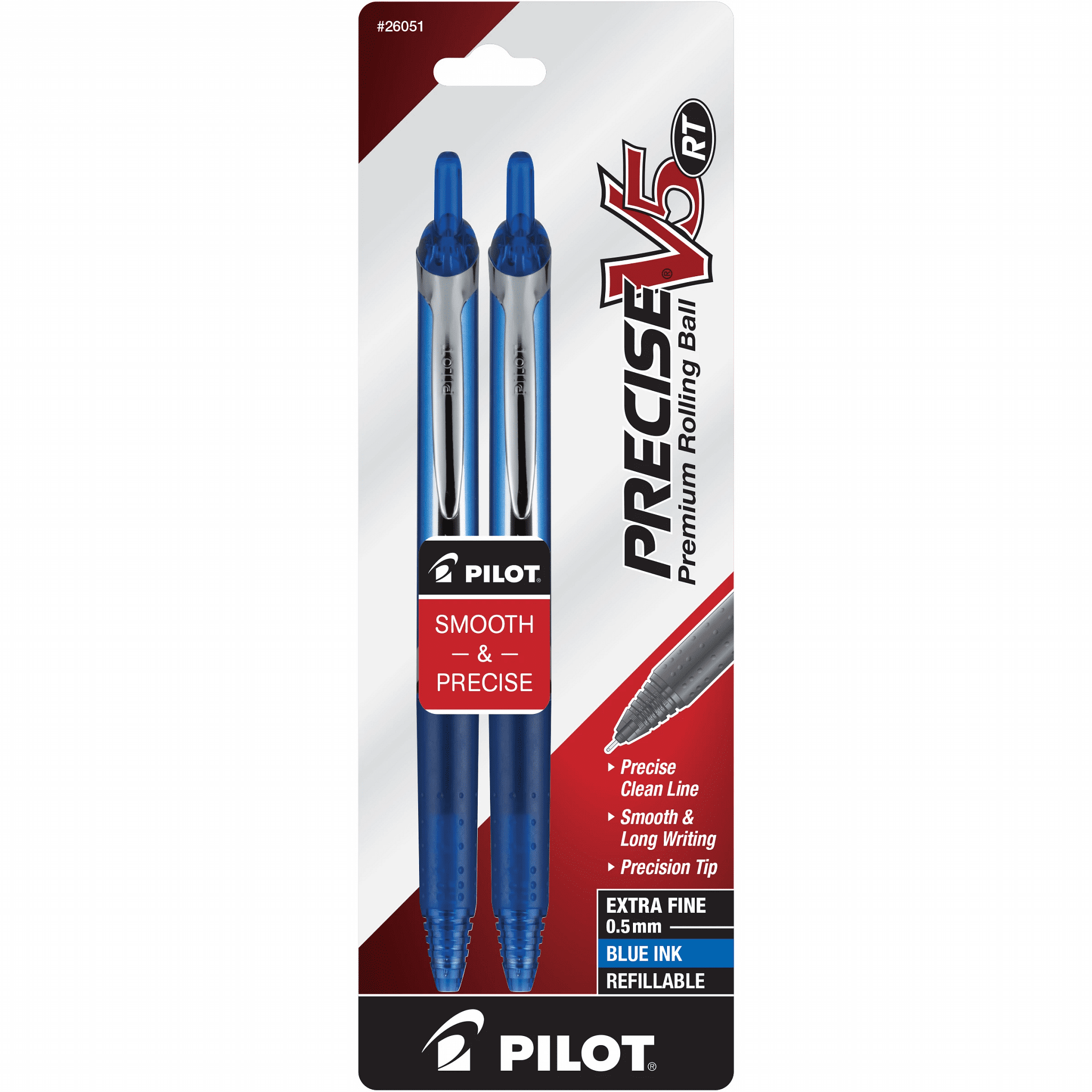 Pilot Precise V5 Retractable Rolling Ball Pens, Extra Fine Point 0.5 mm, Black Ink, 2 Pack
