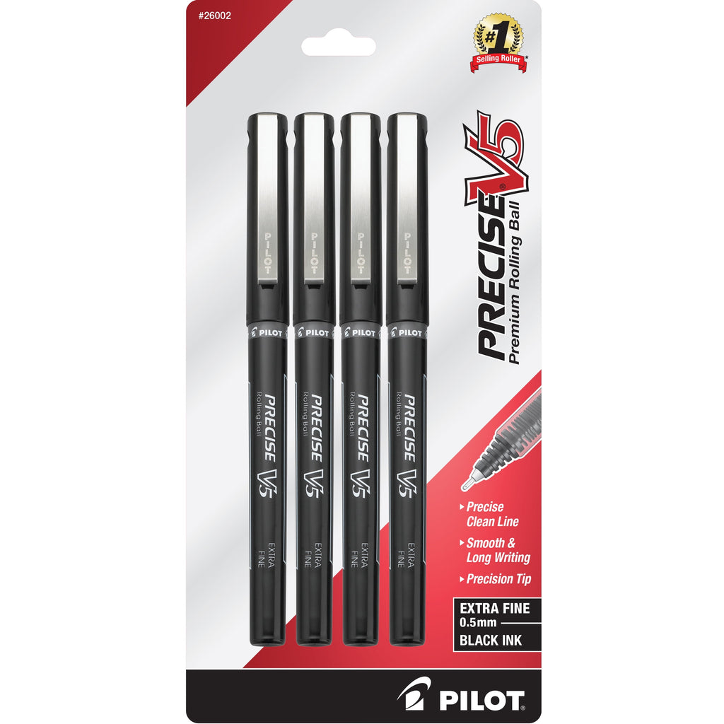 Pilot Precise V5 Rolling Ball Pens, Extra Fine, 0.5mm, Black Ink, 4 Pack