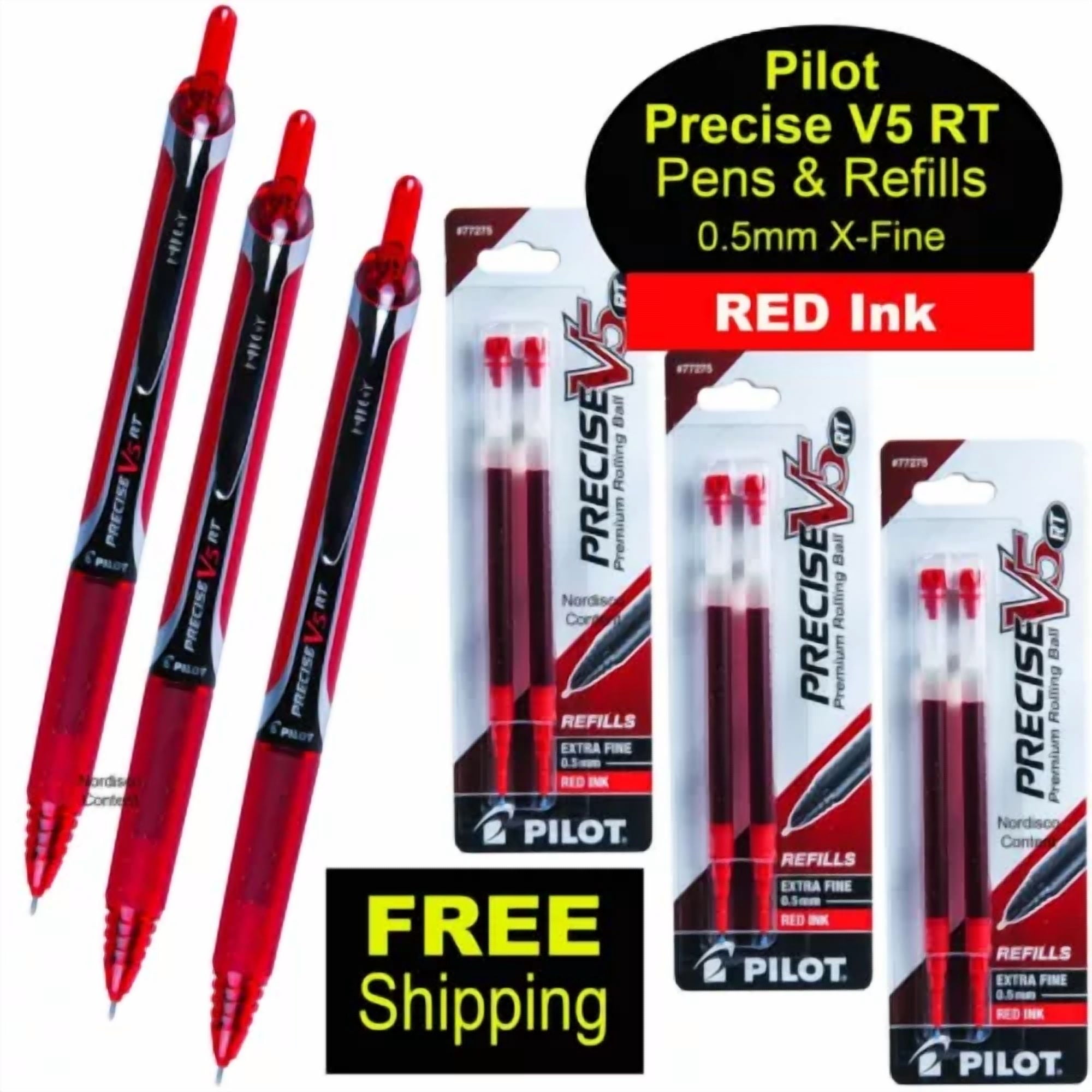 Pilot Precise V5 Rt Red Ink, 0.5Mm Extra Fine, 3 Pens With 3 Packs Of Refills