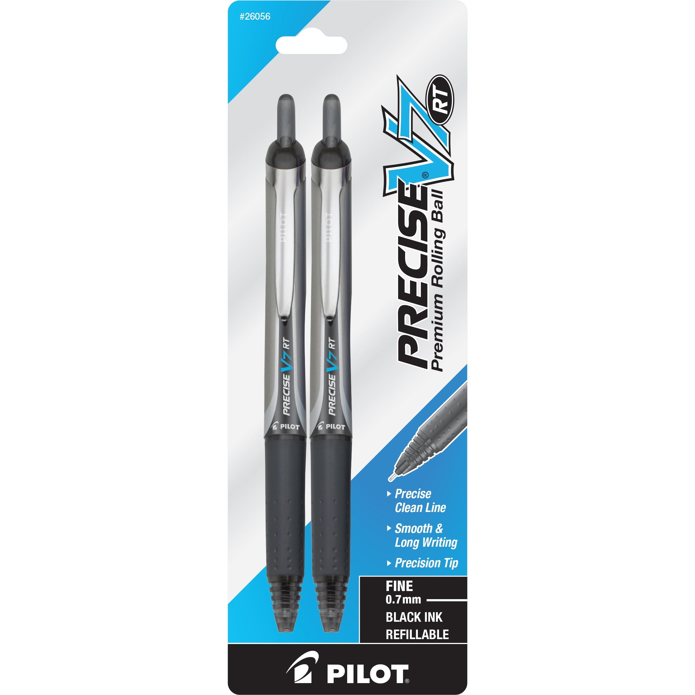 Pilot Precise V7 Retractable Rolling Ball Pens, Fine Point, 0.7mm, Black Ink, 2 Pack