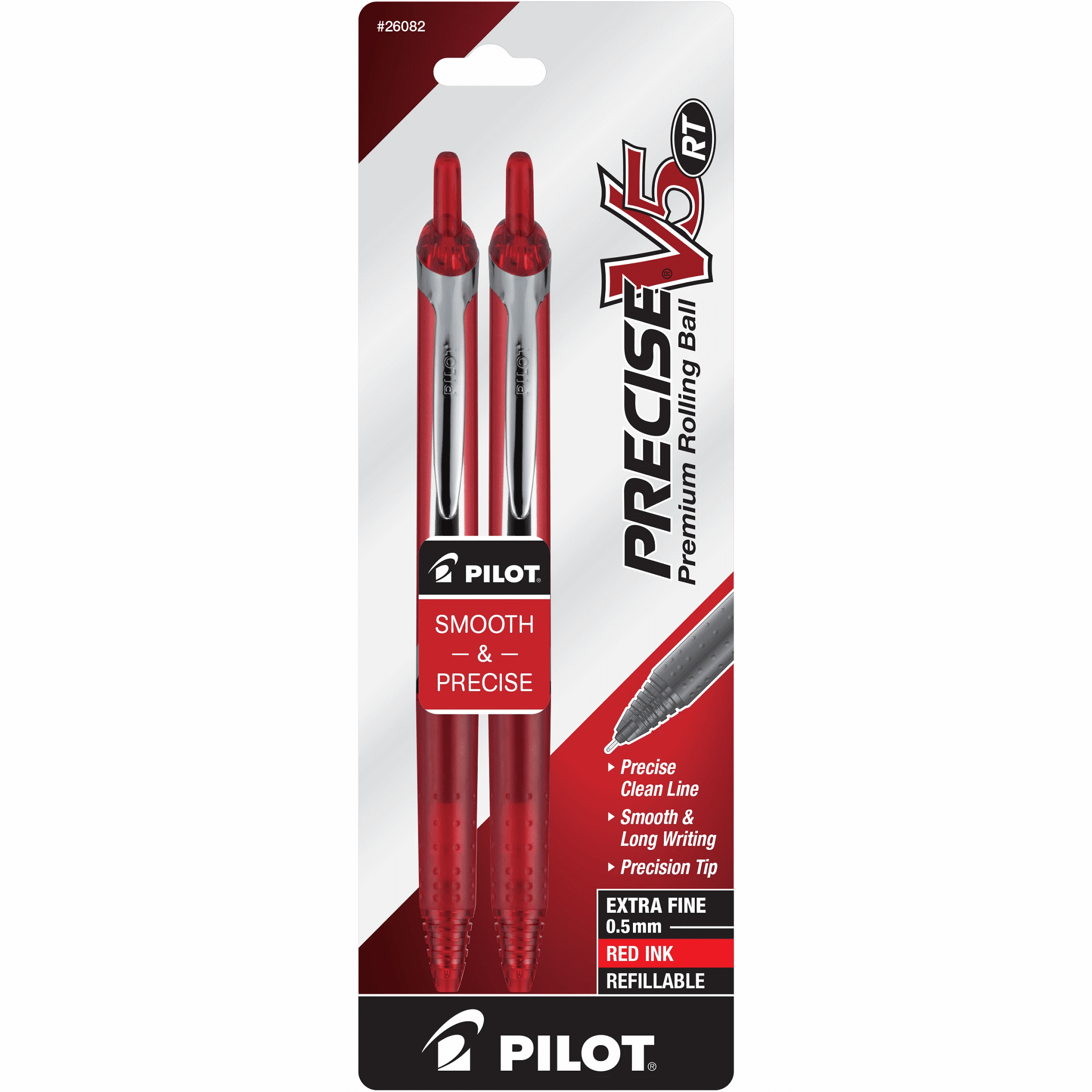 Pilot Precise V5 Retractable Rolling Ball Pens, Extra Fine Point 0.5 mm, Black Ink, 2 Pack