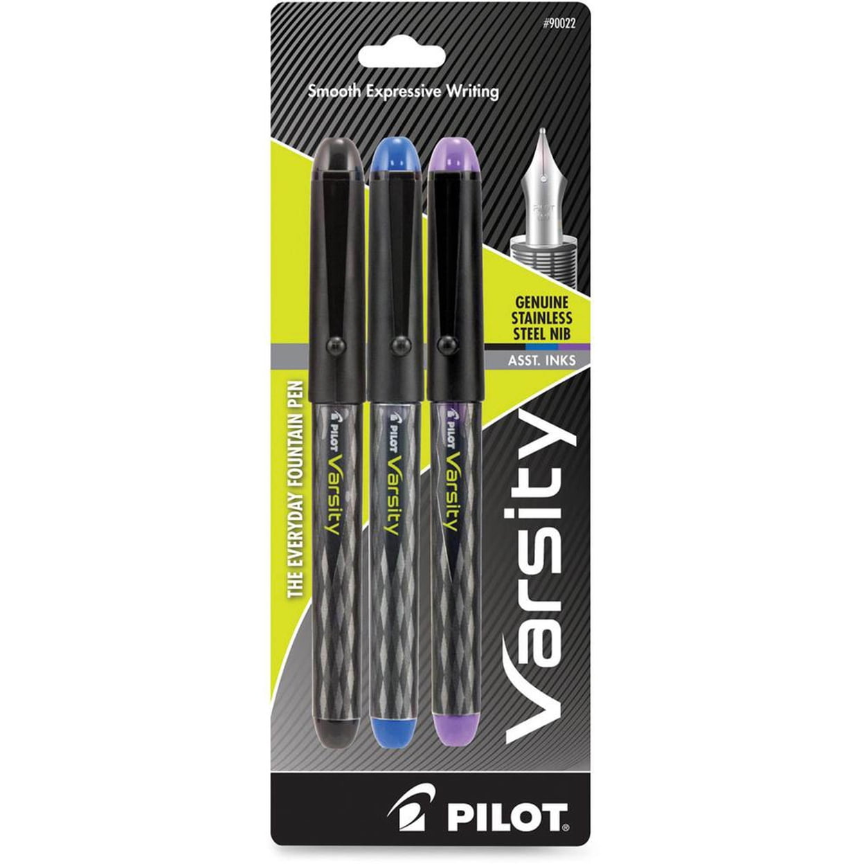 Pilot Varsity Disposable Fountain Pens - Medium Pen Point - Black, Blue, Purple - Black Barrel
