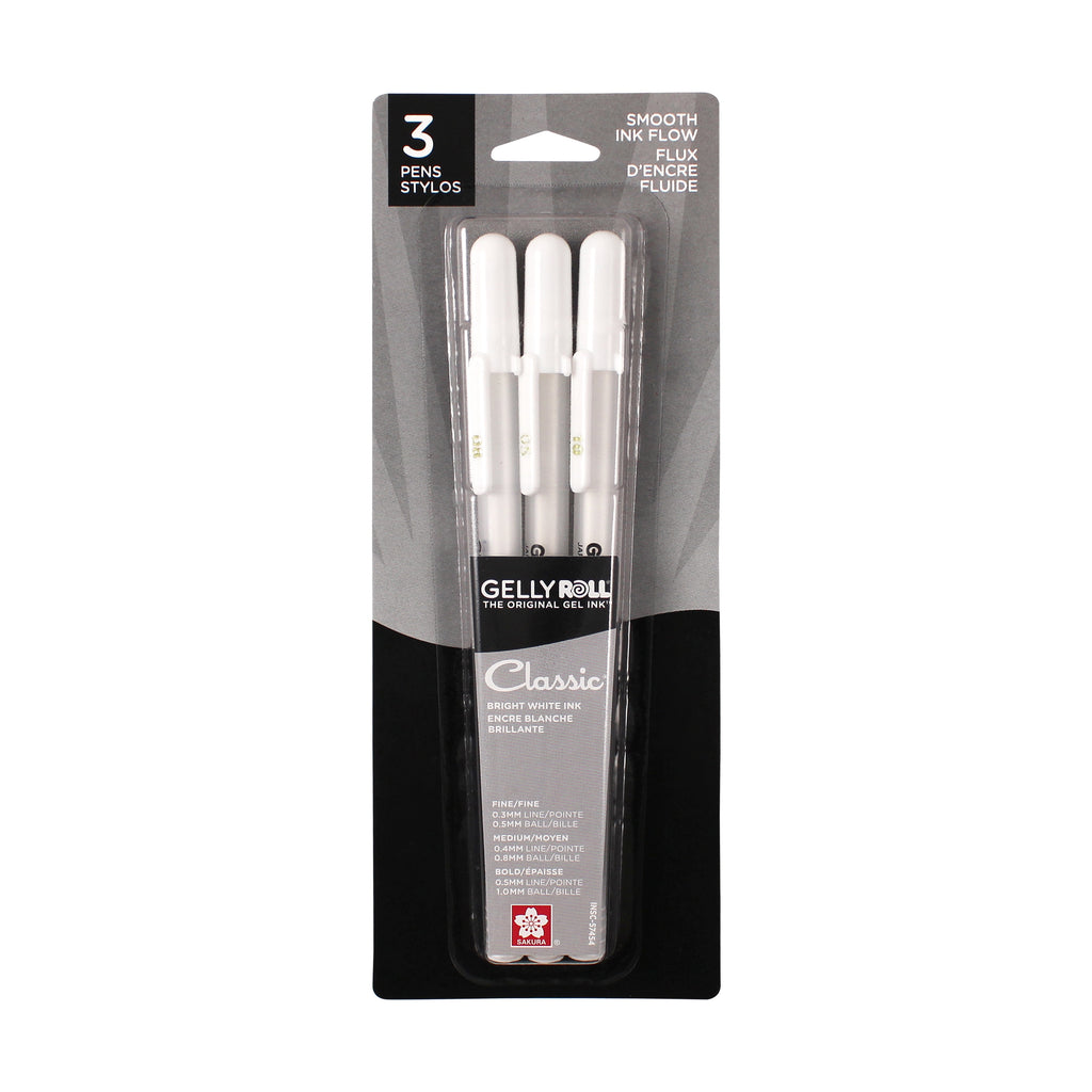 Sakura Gelly Roll White Gel Pens – 3 Count, Fine, Medium & Bold Tips, Opaque Ink
