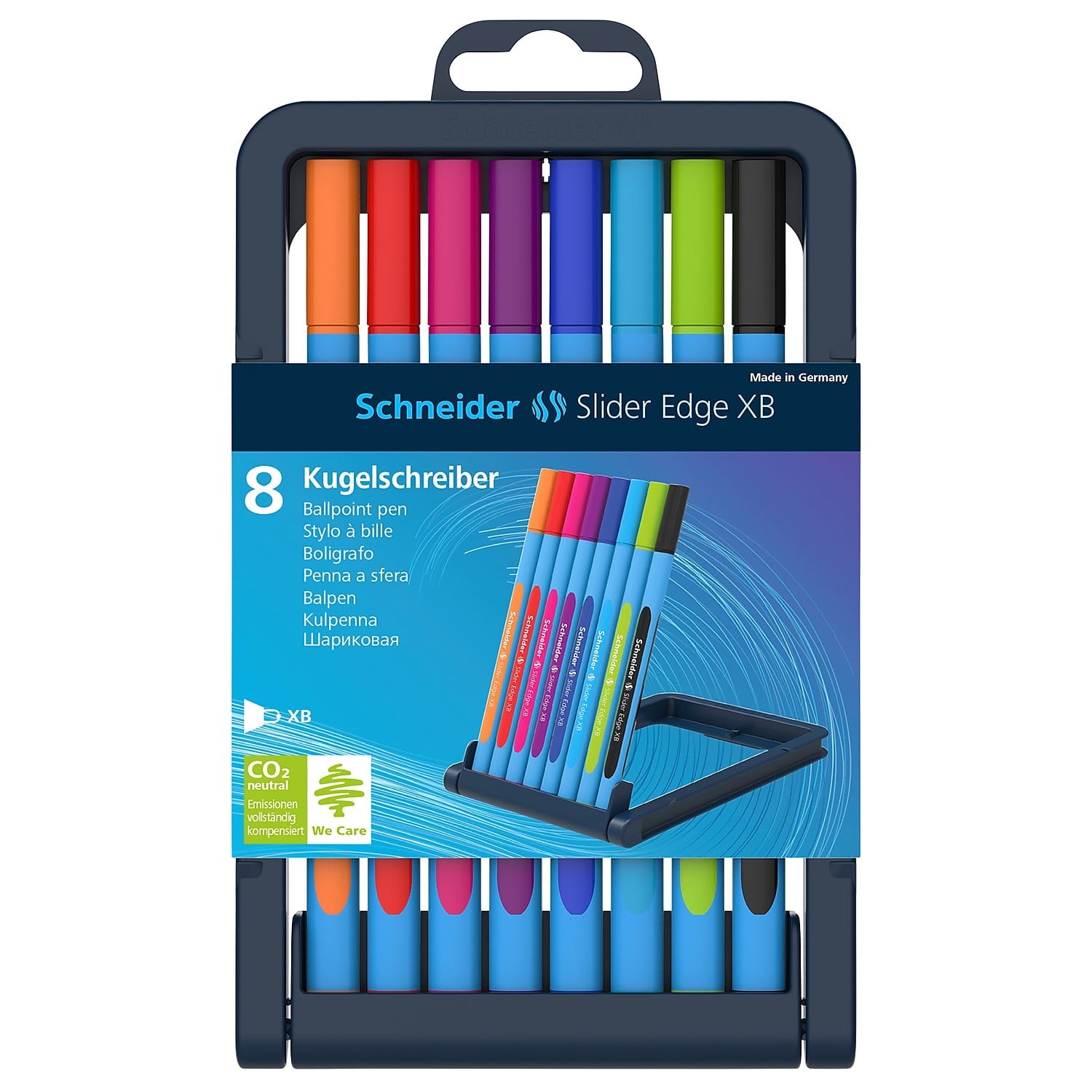 Schneider Slider Edge XB Ballpoint Pen, 1.4 mm, 8 Assorted Ink Colors in Adjustable Case Stand