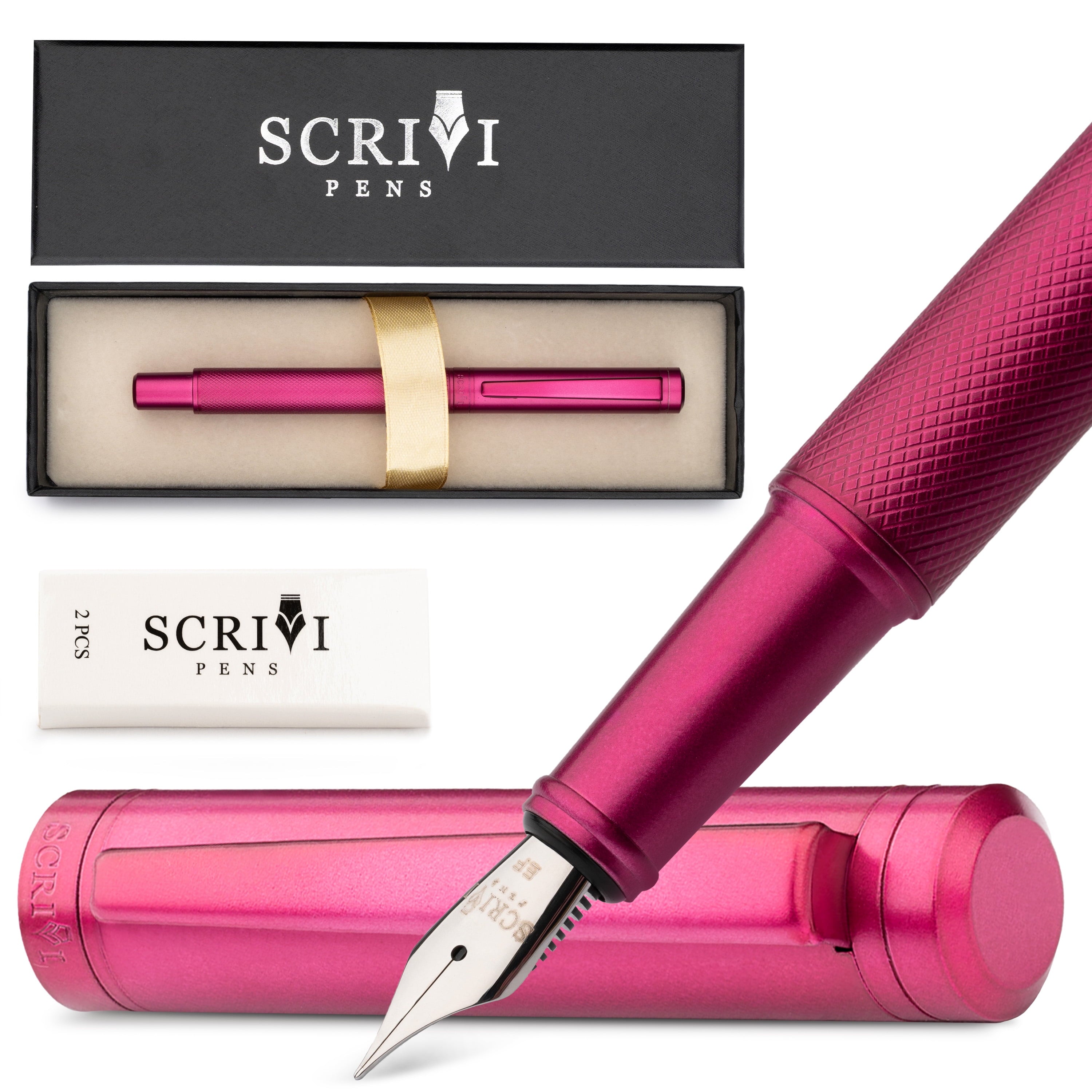 Scrivi Pens Luxury Fountain Pen Set-[Red] Fountain Pens for Writing - Smooth Extra Fine Nib - Includes Refillable Ink Converter, 5 Ink Cartridges [Black & Blue], Gift Box - Elegant Calligraphy