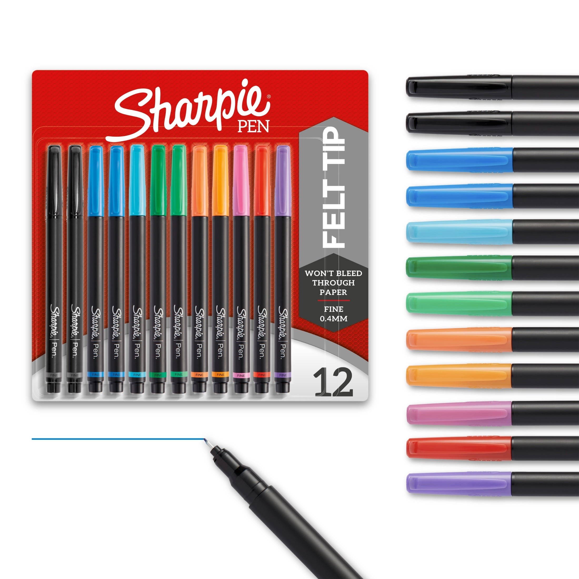 Sharpie Pens, Felt Tip Pens, Fine Point (0.4mm), Assorted Colors, 12 Count
