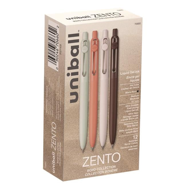 Uniball UBC70660 0.7 mm Medium Zento Retractable Black Ink Gel Pen, Assorted Barrel Color - Pack of 12