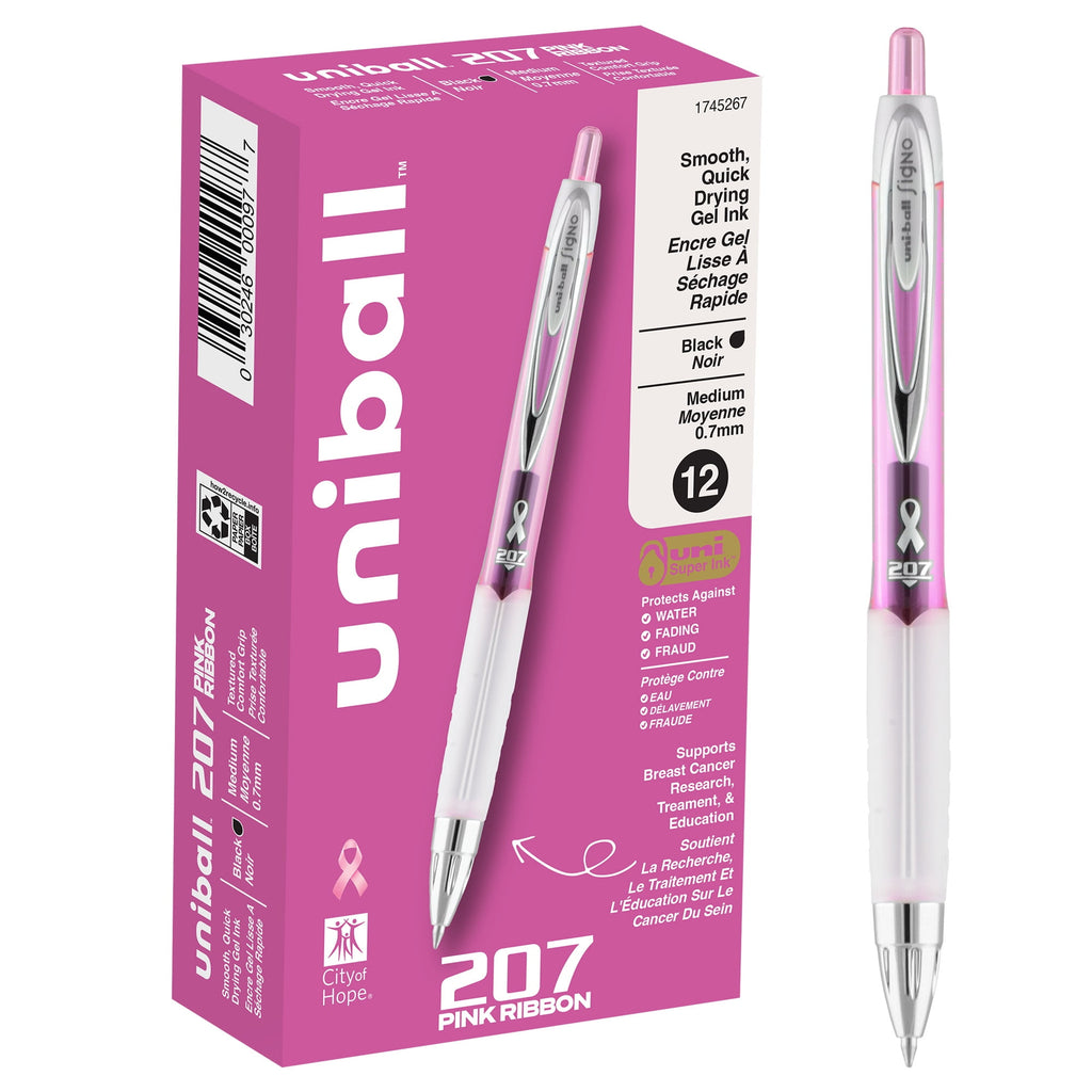 Uniball 207 Pink Ribbon Retractable Gel Pens, Medium Point (0.7mm), Black Ink, 12 Count