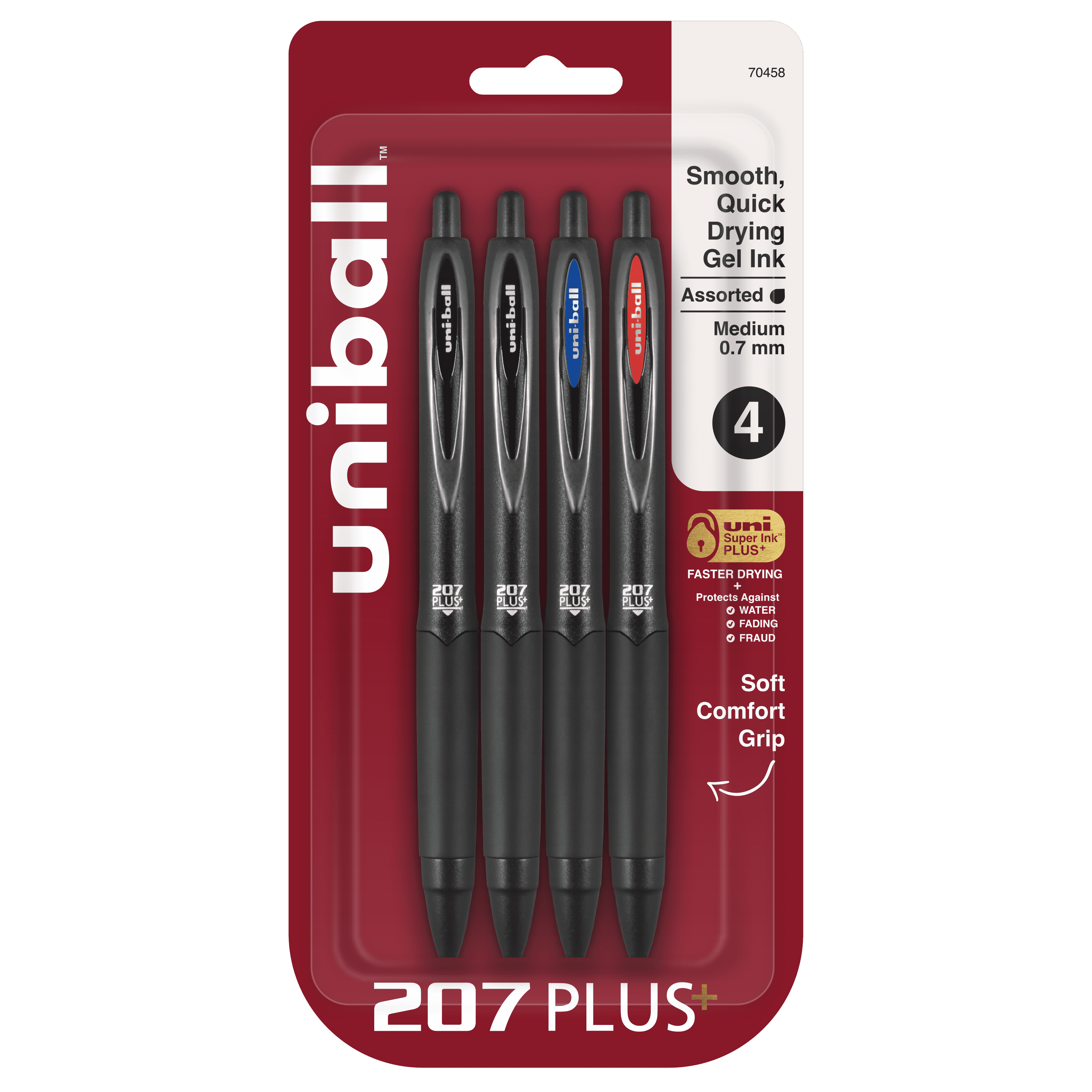 Uniball 207 Plus+ Gel Pens, Medium Point (0.7mm), Assorted Ink, 4 Count