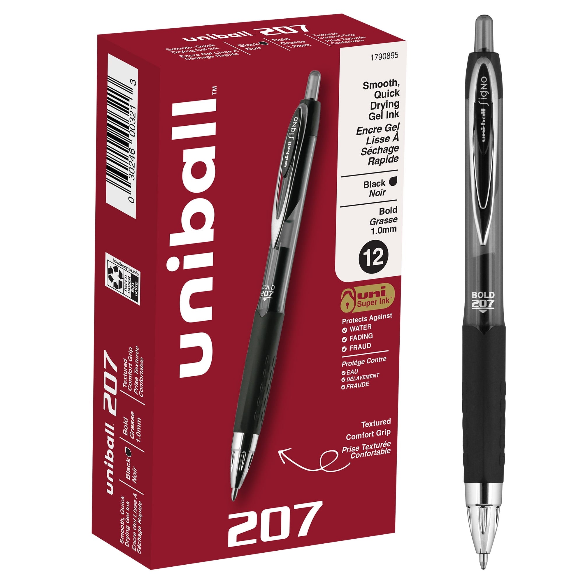 Uniball 207 Retractable Gel Pens, Bold Point (1.0mm), Black Ink Gel Pens, 12 Count