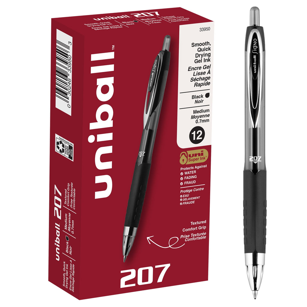 Uniball 207 Retractable Gel Pens, Medium Point (0.7mm), Black Ink, 12 Count