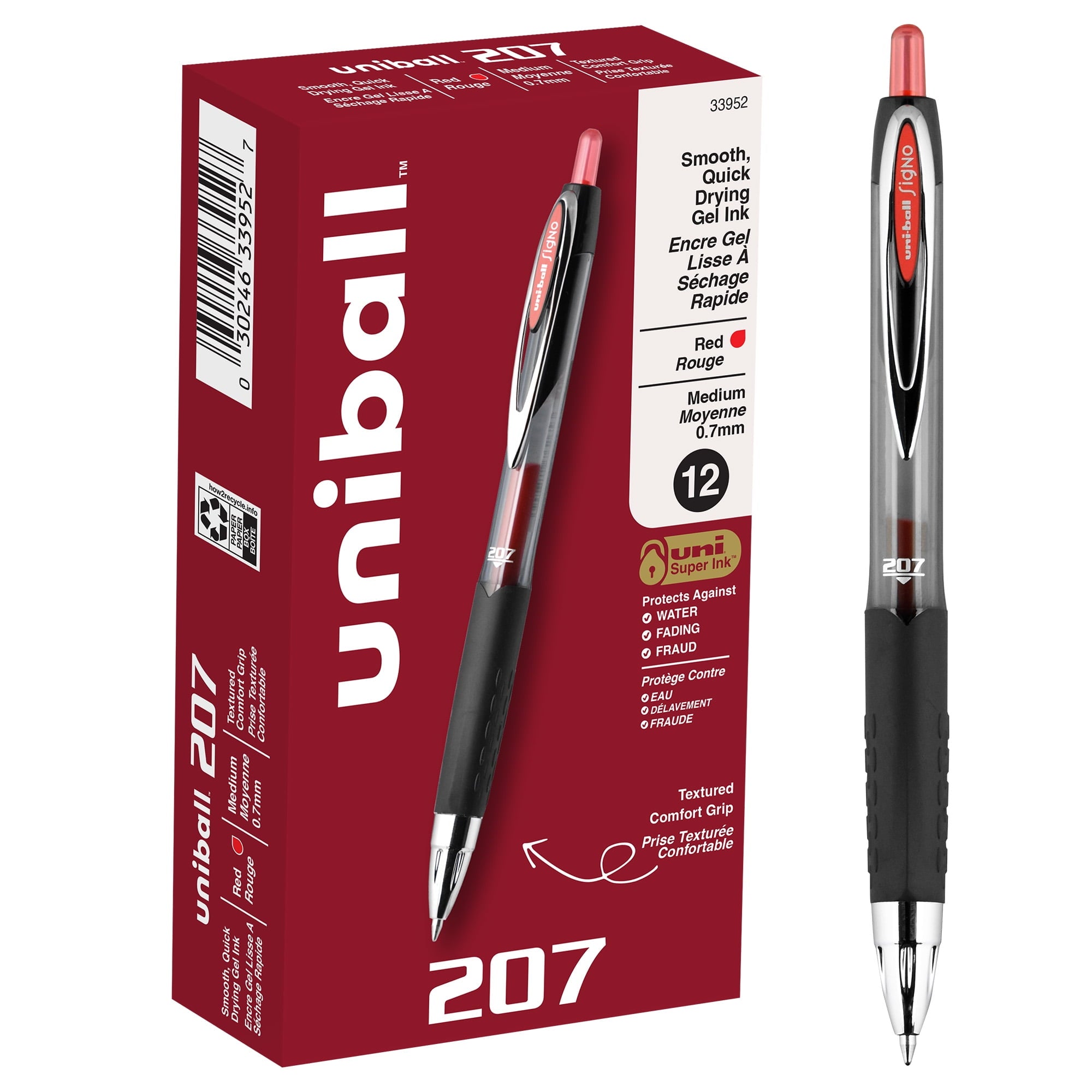 Uniball 207 Retractable Gel Pens, Medium Point (0.7mm), Red Ink, 12 Count