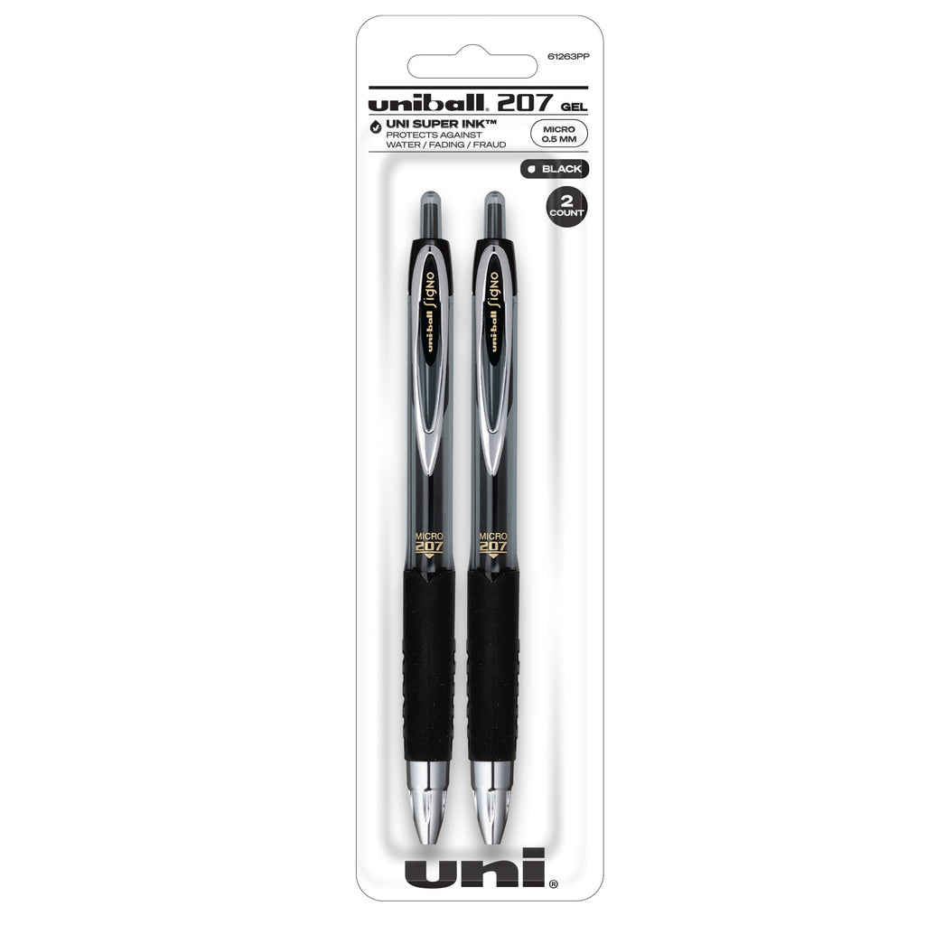 Uniball 207 Retractable Gel Pens, Micro Point (0.5mm), Black Ink Gel Pens, 2 Count
