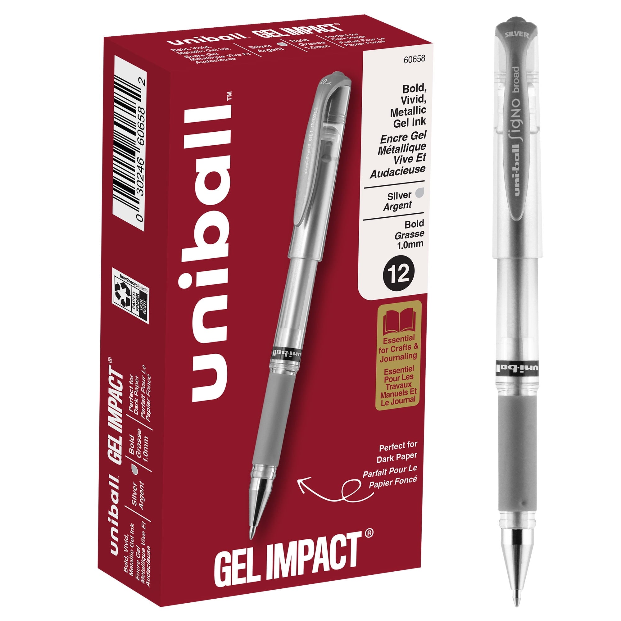 Uniball Gel Impact Pens, Bold Point (1.0mm), Silver Metallic Ink, 12 Count
