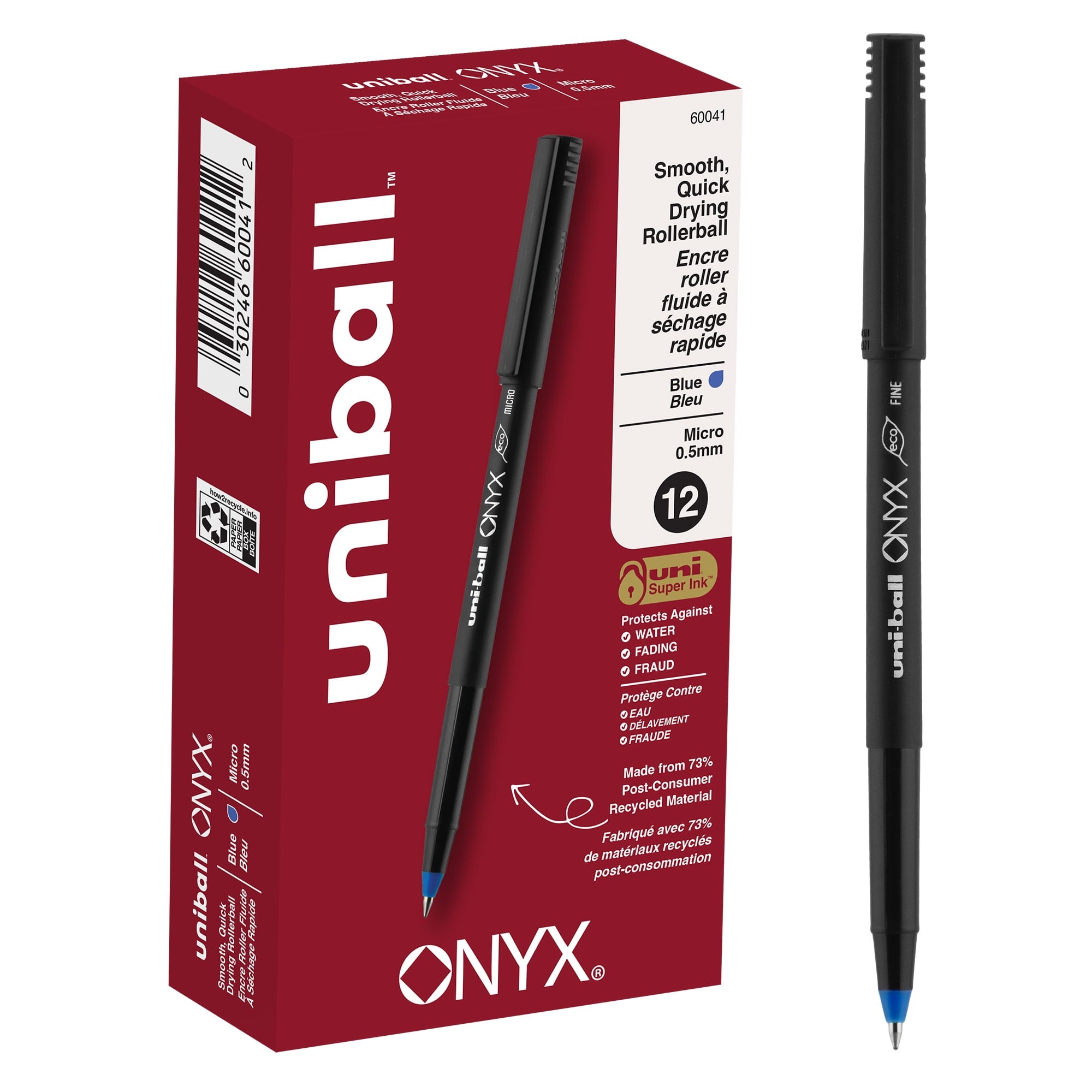 Uniball ONYX Rollerball Pens, Micro Point (0.5mm), Blue Ink, 12 Count