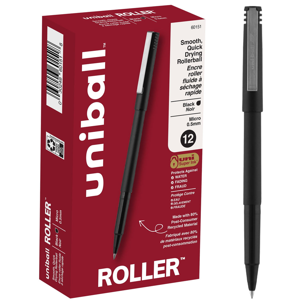 Uniball Roller Rollerball Pens, Micro Point (0.5mm), Black Ink, 12 Count