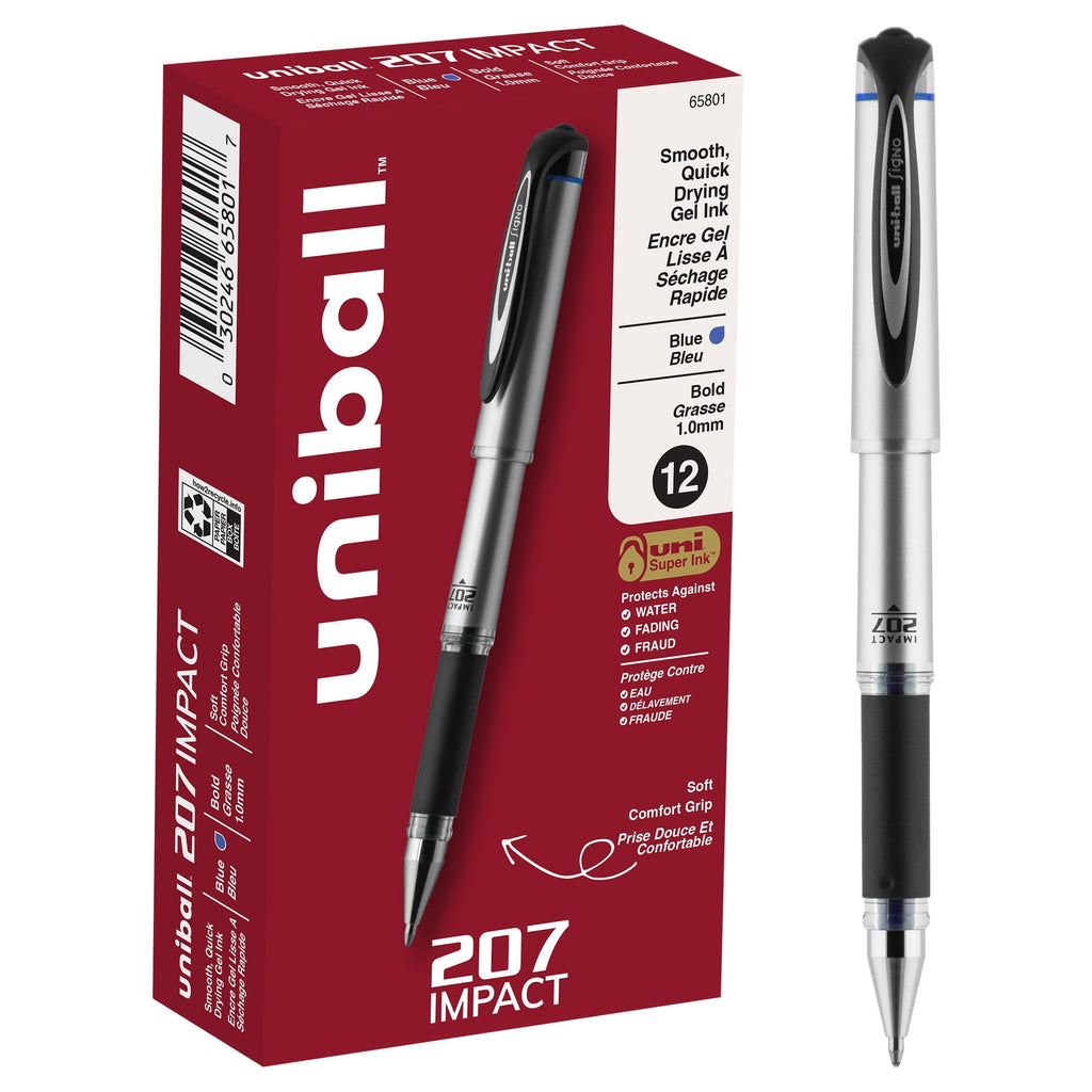 Uniball Signo 207 Impact Gel Pens, Bold Point (1.0mm), Blue Ink, 12 Count
