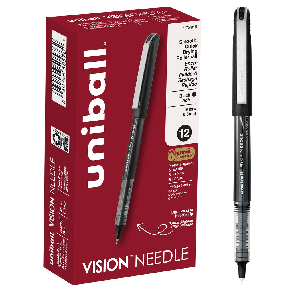Uniball Vision Needle Rollerball Pens, Micro Point (0.5mm), Black Ink, 12 Count