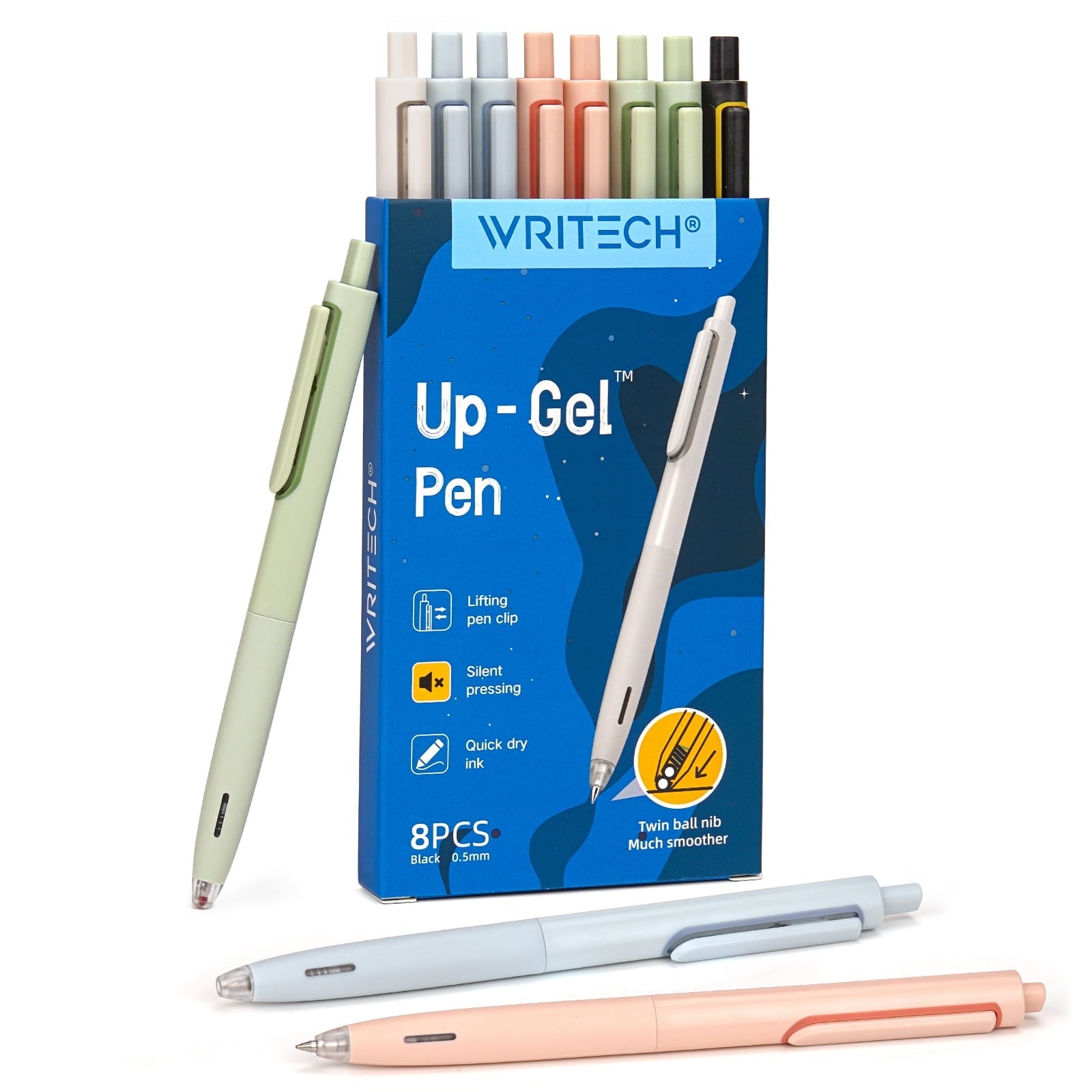 WRITECH Gel Pens Fine Point: 0.5mm No Smear & Smudge Black Ink Pen Click for Journaling Sketching Drawing Notetaking Retractable Extra Finepoint Smooth Writing Silent Pen Set Non Bleed 8ct Up-Gel