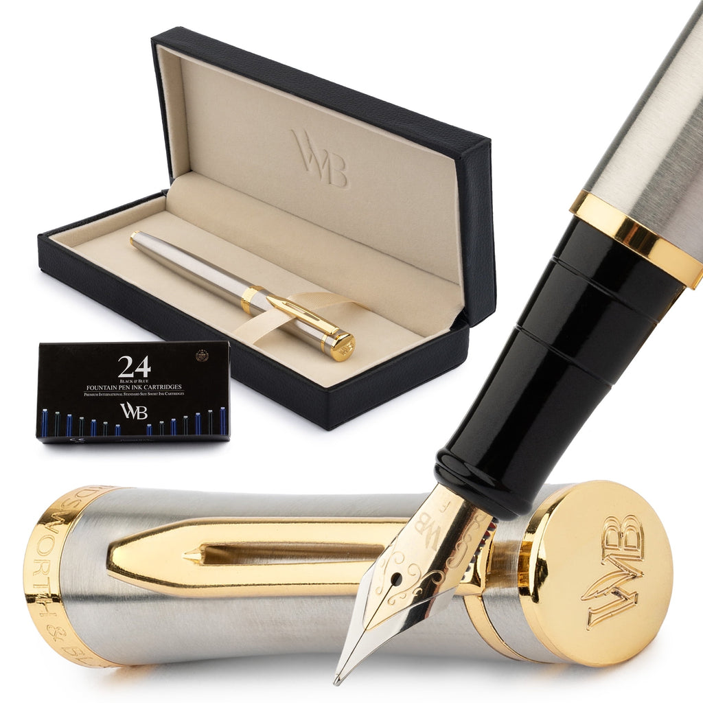 Wordsworth & Black Fountain Pen Set, 18K Gilded Fine Nib, Includes 24 Pack Ink Cartridges, Ink Refill Converter & Gift Box, Gold Finish, Calligraphy, [Silver Gold], Perfect for Men & Women