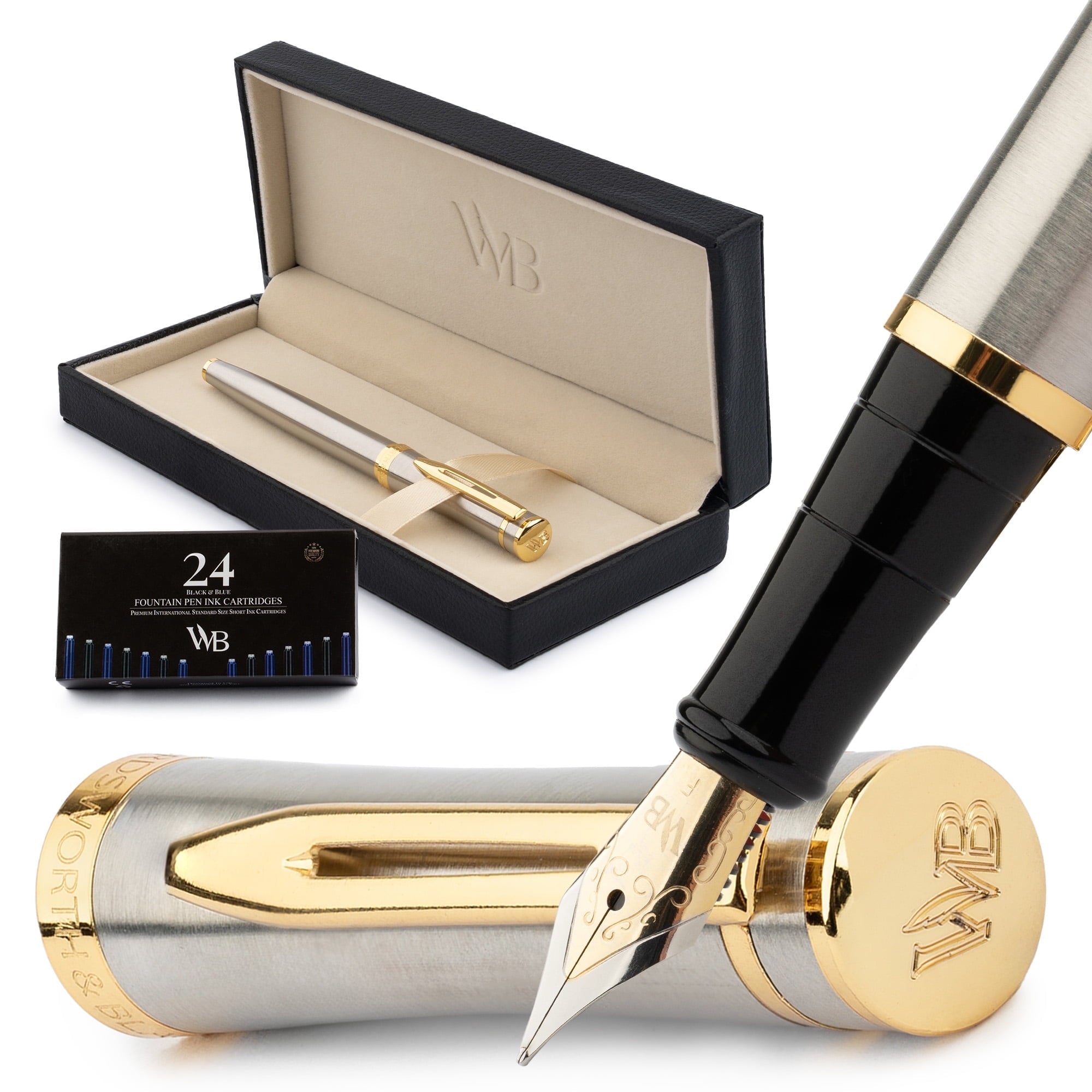 Wordsworth & Black Fountain Pen Set, 18K Gilded Fine Nib, Includes 24 Pack Ink Cartridges, Ink Refill Converter & Gift Box, Gold Finish, Calligraphy, [Silver Gold], Perfect for Men & Women