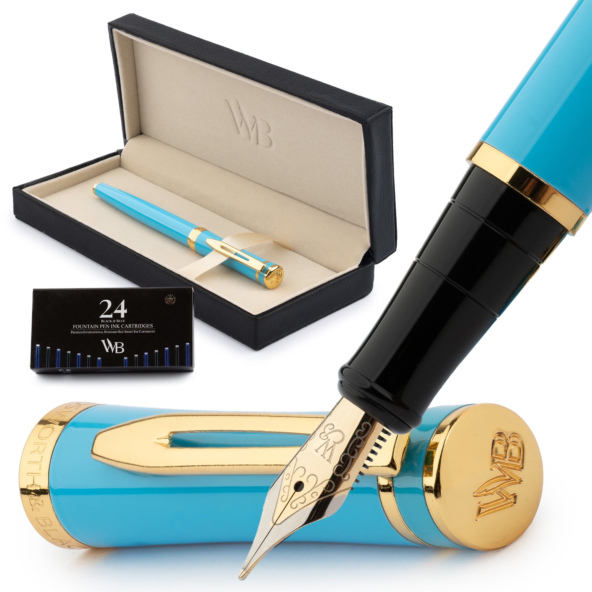 Wordsworth & Black Fountain Pen Set, 18K Gilded Fine Nib, Includes 24 Pack Ink Cartridges, Ink Refill Converter & Gift Box, Gold Finish, Calligraphy, [Silver Gold], Perfect for Men & Women