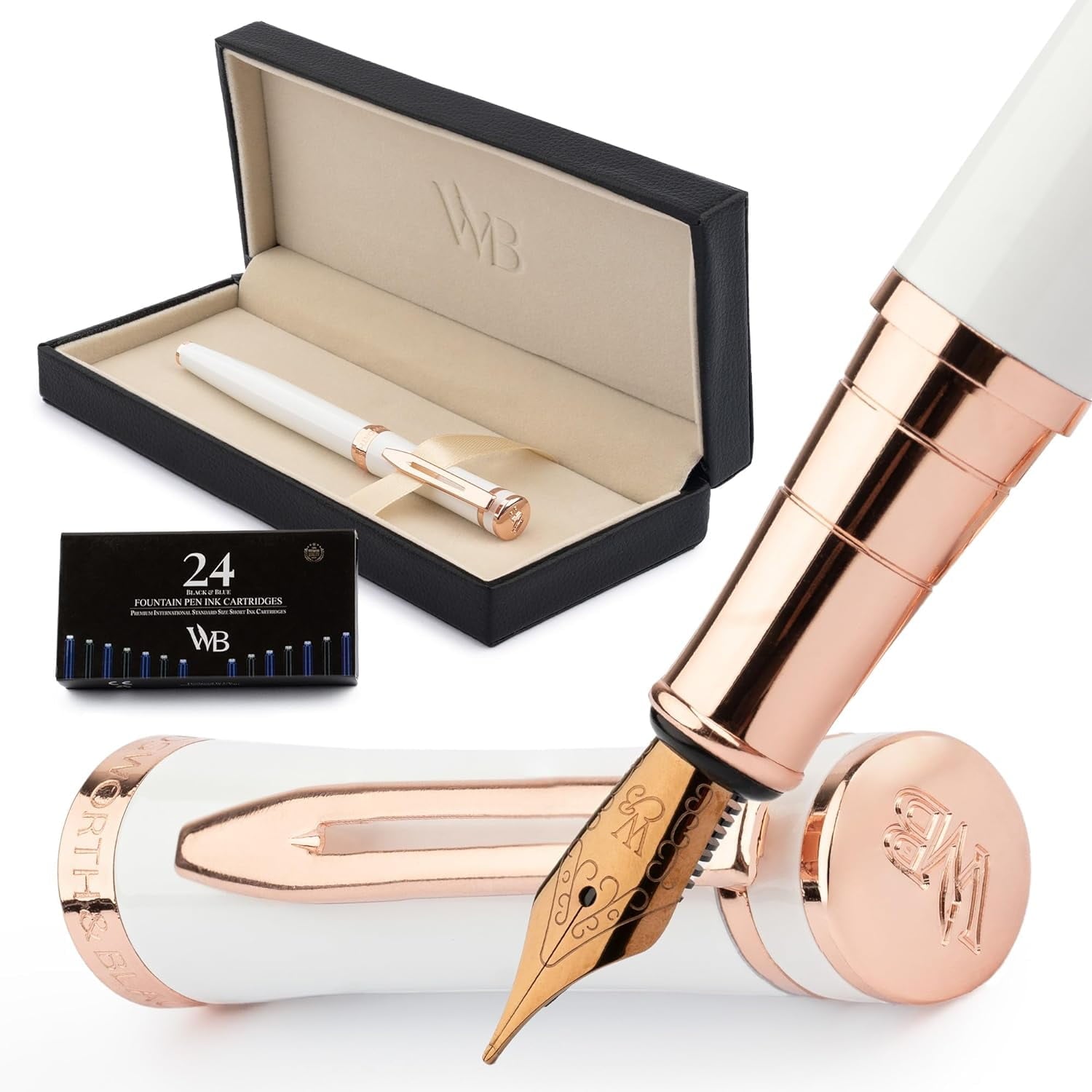 Wordsworth & Black Fountain Pen Set, 18K Gilded Fine Nib, Includes 24 Pack Ink Cartridges, Ink Refill Converter & Gift Box, Gold Finish, Calligraphy, [Silver Gold], Perfect for Men & Women