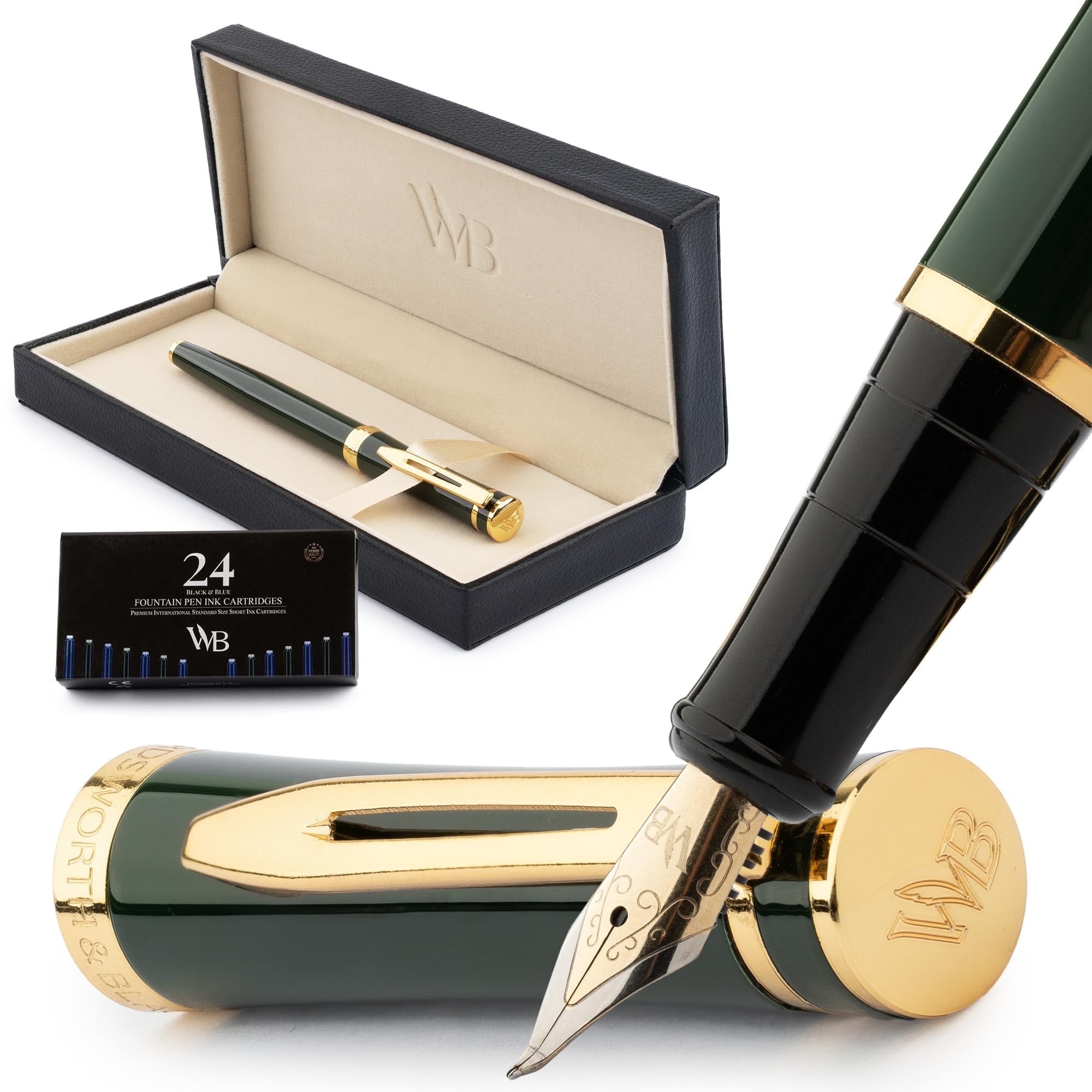 Wordsworth & Black Fountain Pen Set, 18K Gilded Fine Nib, Includes 24 Pack Ink Cartridges, Ink Refill Converter & Gift Box, Gold Finish, Calligraphy, [Silver Gold], Perfect for Men & Women