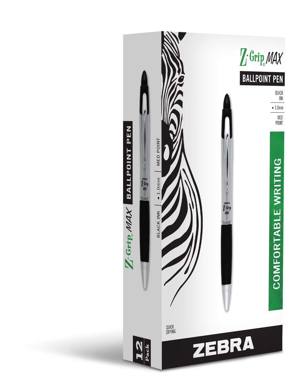 Zebra Pen Z-GripÂ® Max Retractable Ballpoint Pens, Medium Point, 1.0 mm, Silver Barrel, Black Ink, Pack Of 12