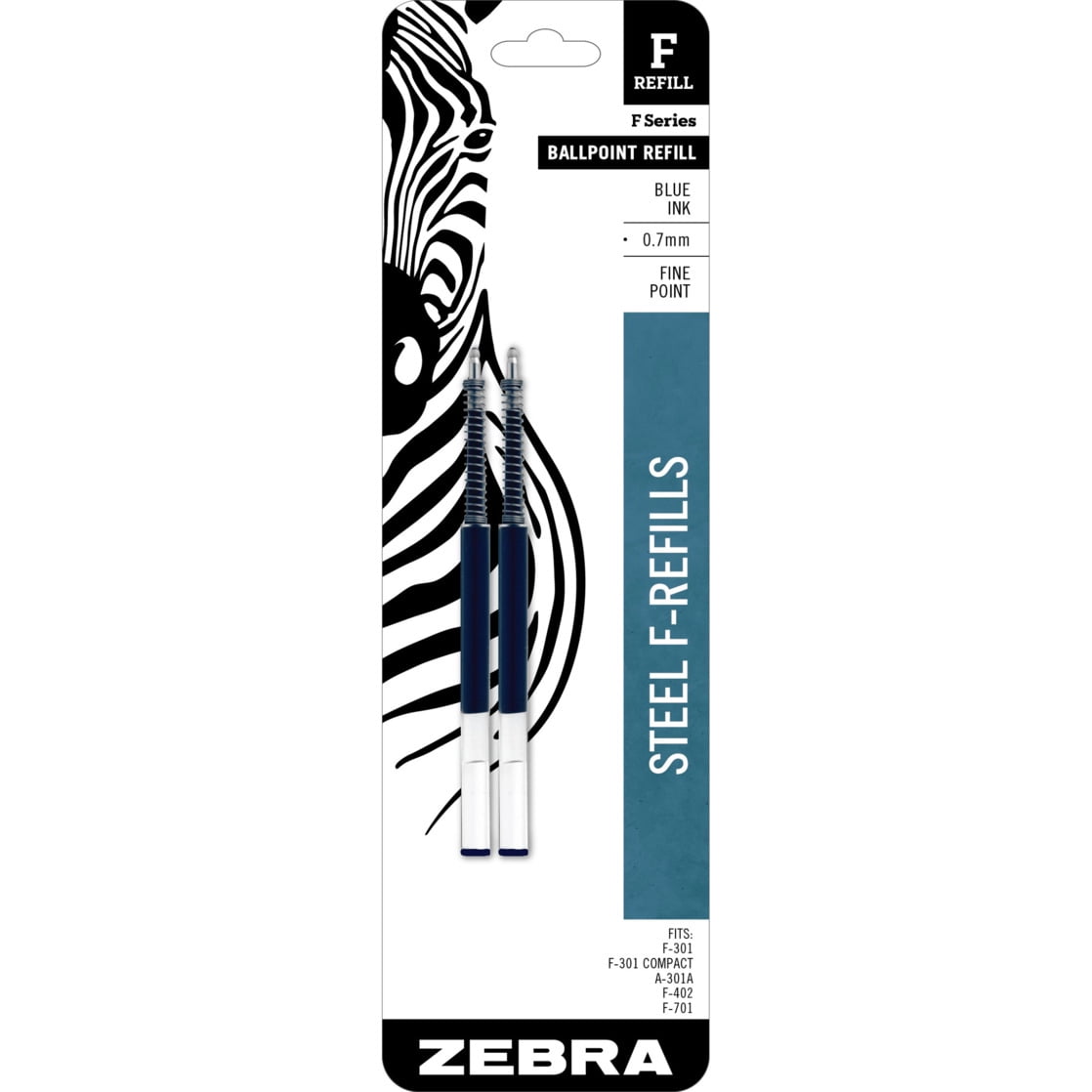 Zebra F-Series Ballpoint Stainless Steel Pen Refill, Fine Point, 0.7mm, Blue Ink, 2-Count