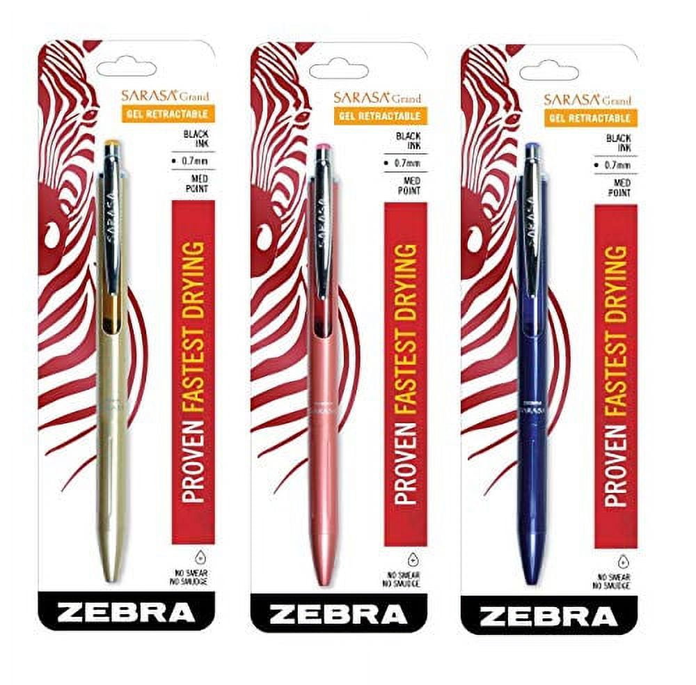 Zebra Sarasa Grand, Retractable Gel Ink Pen, Gold Barrel, Medium Point, 0.7mm, Black Ink, Sold as 3 Pack