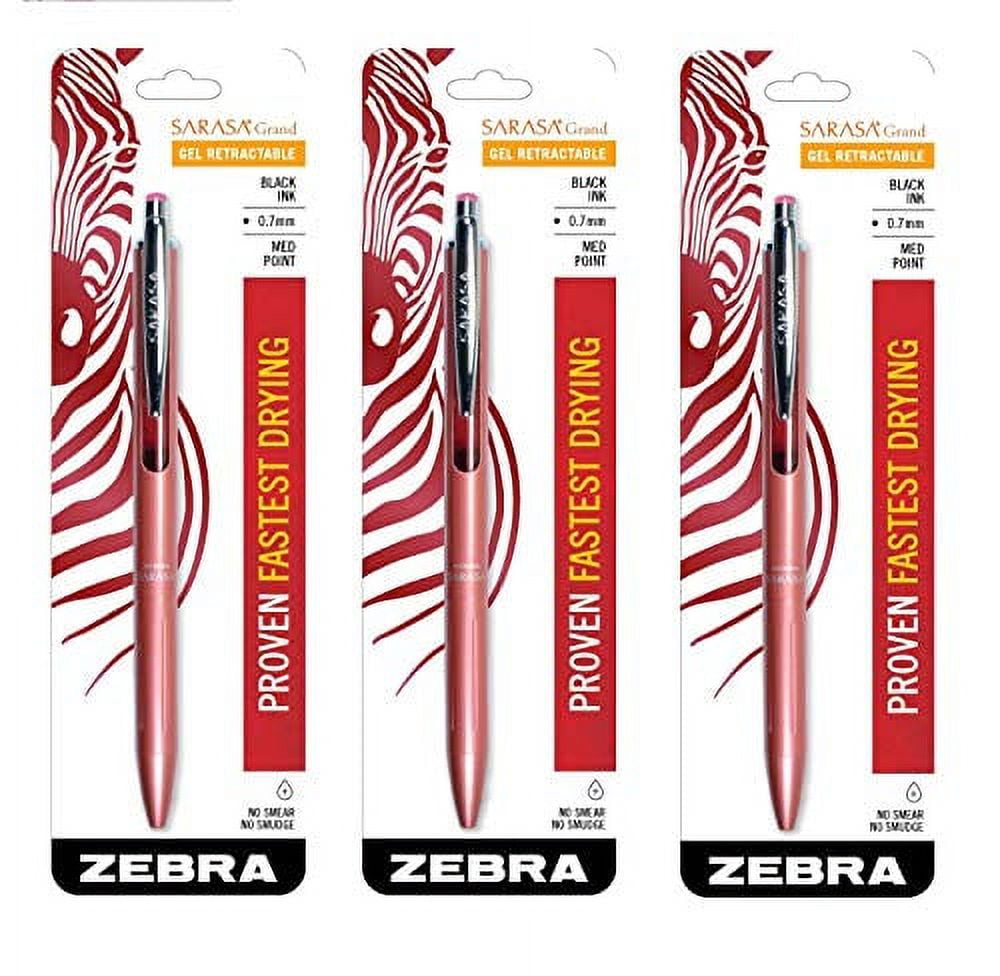 Zebra Sarasa Grand, Retractable Gel Ink Pen, Gold Barrel, Medium Point, 0.7mm, Black Ink, Sold as 3 Pack