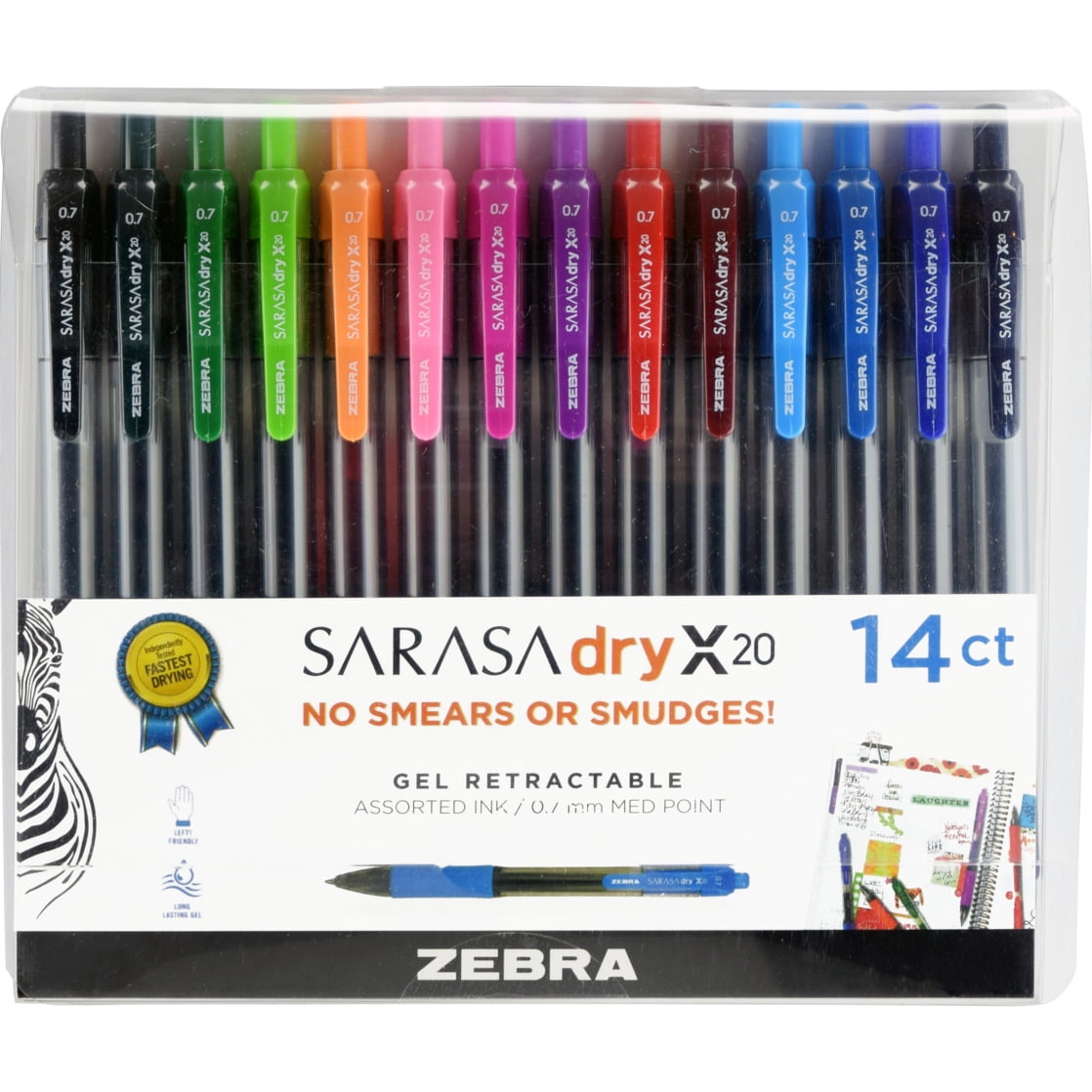 Zebra Sarasa Retractable Gel Ink Pens, Medium Point 0.7 mm, Assorted Color Rapid Dry Ink, 14-Count