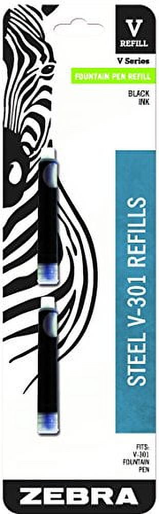 Zebra V-301 Stainless Steel Fountain Pen Refill Cartridge, Black Ink, 2-Count