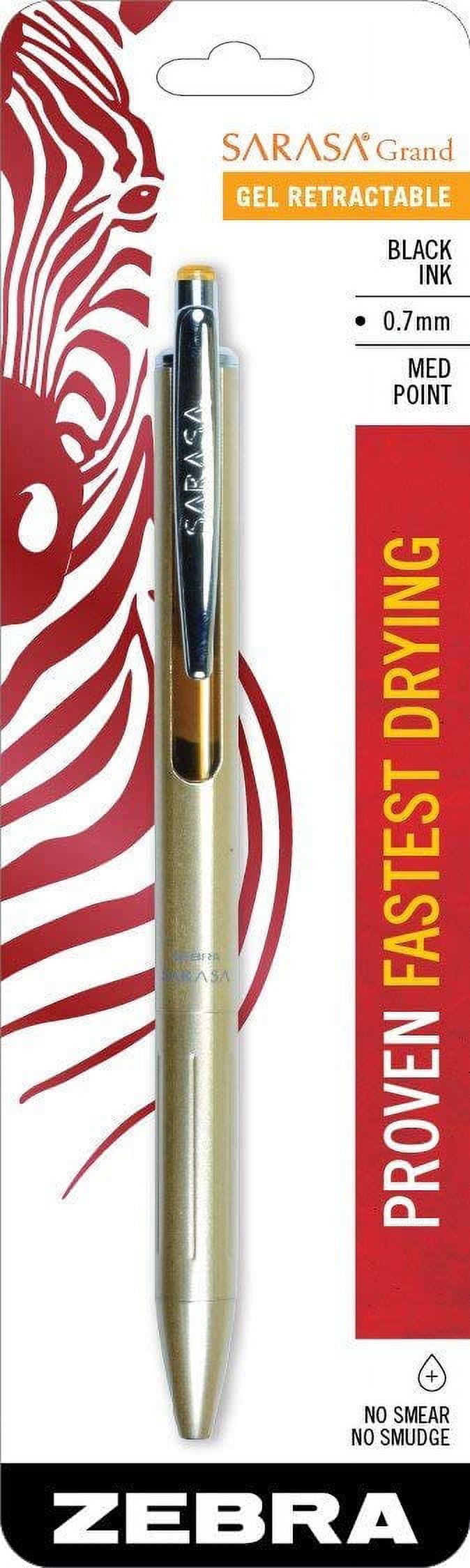 Zebra Sarasa Grand, Retractable Gel Ink Pen, Gold Barrel, Medium Point, 0.7mm, Black Ink, Sold as 3 Pack