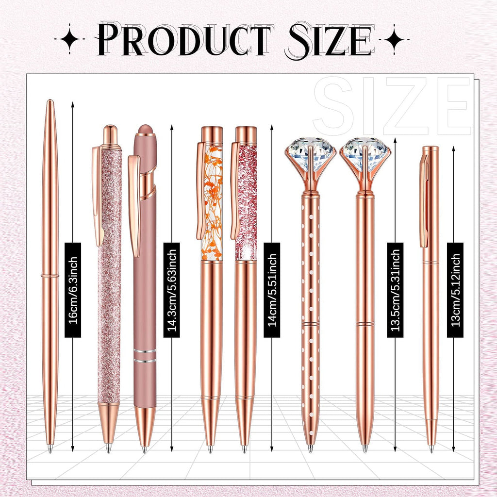 8 Pcs Rose Gold Ballpoint Pen Women Stationery Gifts Journaling Liquid Sand Glitter Black Ink Pens Bridal Shower Gifts for Wedding Office Desk Supplies