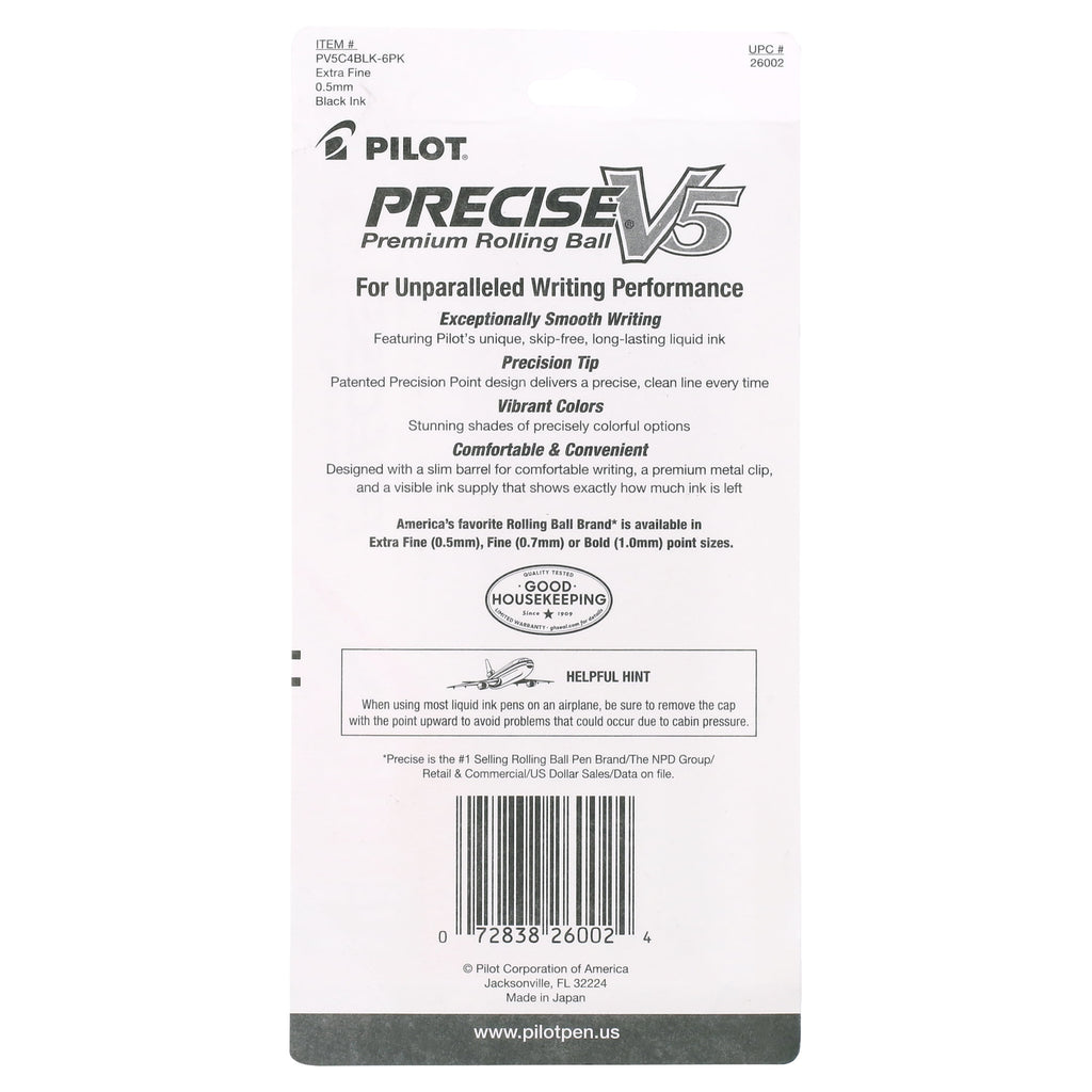 Pilot Precise V5 Rolling Ball Pens, Extra Fine, 0.5mm, Black Ink, 4 Pack