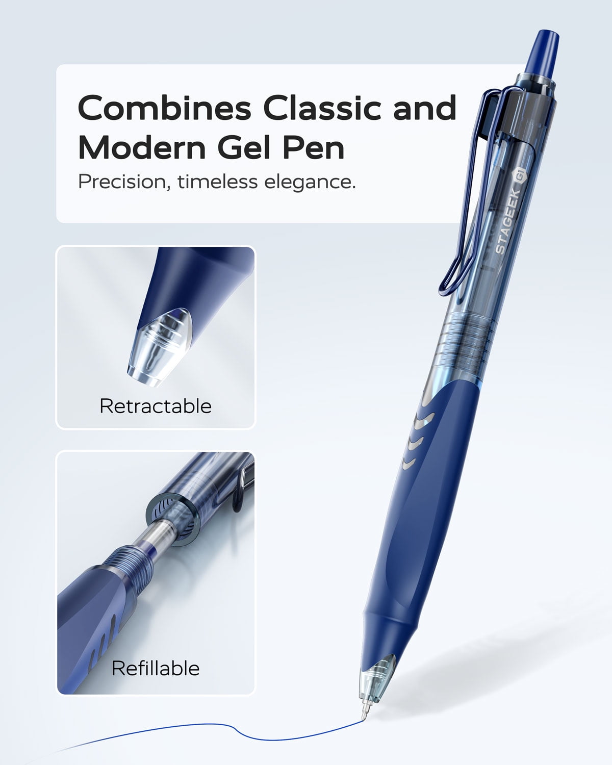 STAGEEK Blue Gel Pens, Quick Dry Blue Ink Pens, 0.5mm Fine Point Retractable Smooth Writing Pens,12