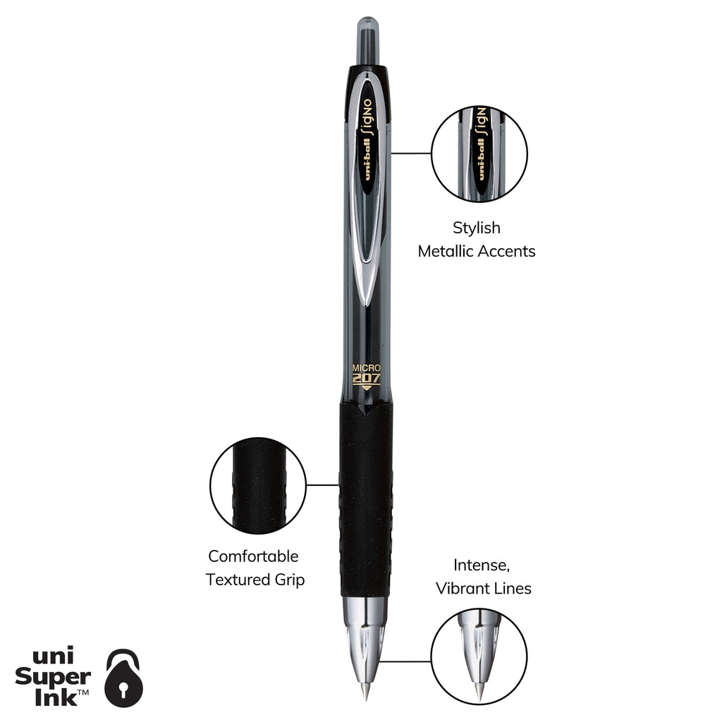 Uniball 207 Retractable Gel Pens, Micro Point (0.5mm), Black Ink Gel Pens, 2 Count