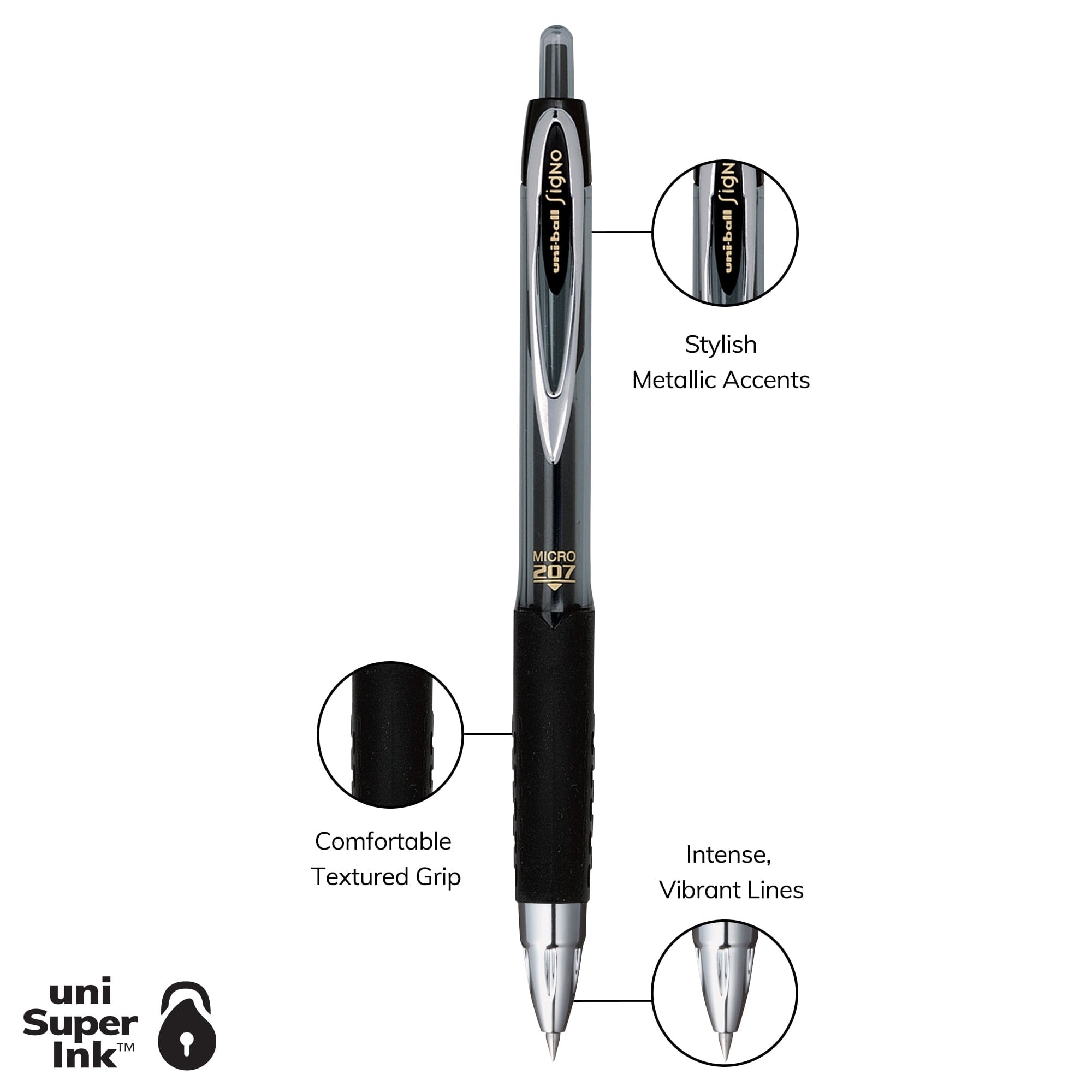 Uniball 207 Retractable Gel Pens, Micro Point (0.5mm), Black Ink Gel Pens, 2 Count