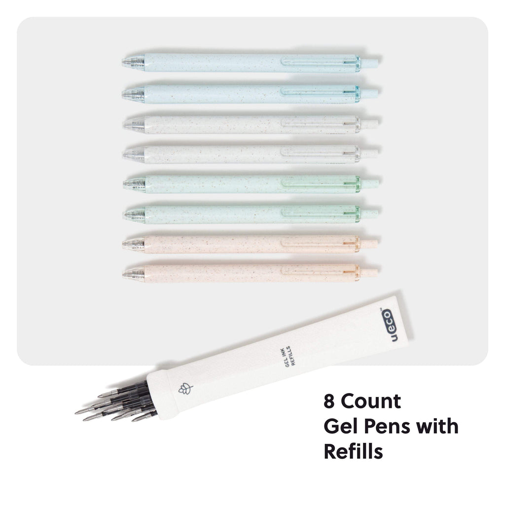 U Brands U-Eco Gel Click Pens with Refills, 8 Count, Medium (0.7 mm) Point, Black Ink