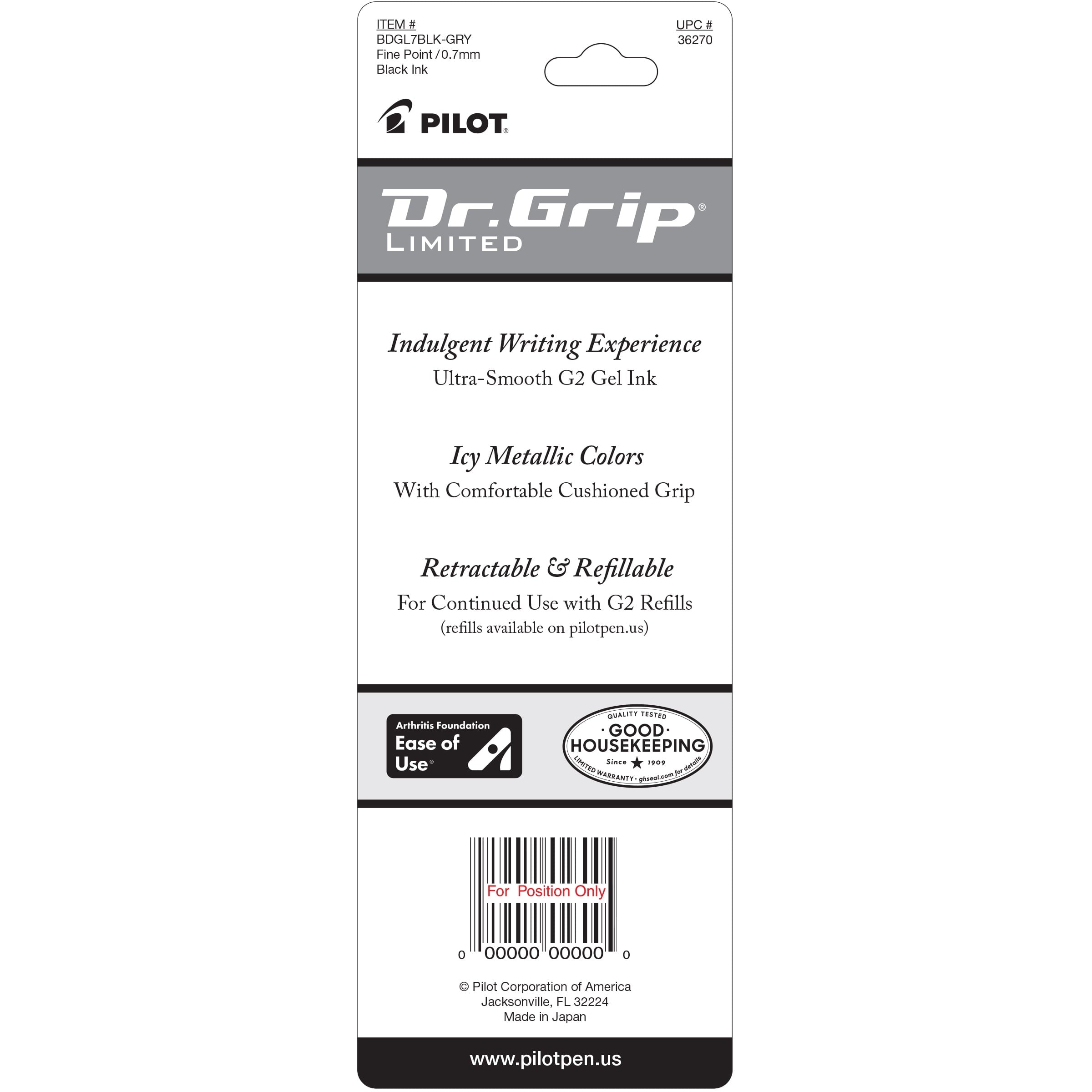 Pilot Dr. Grip Limited Retractable Gel Ink Pen, Fine Point, 0.7mm, Black Ink, 1 Pack