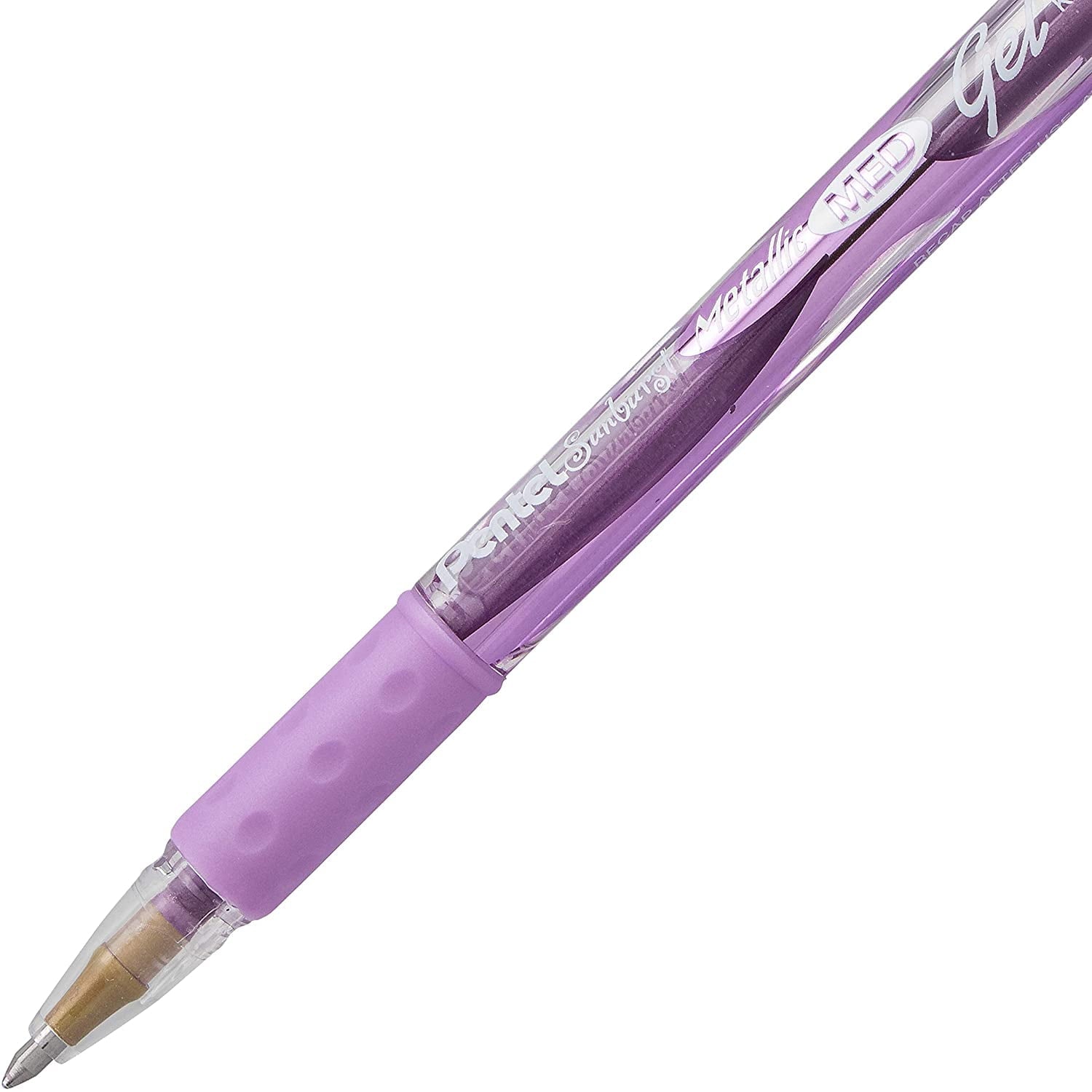 Pentel Sunburst Metallic Gel Pen, 0.8mm Tip Writes 0.4mm Line, Violet/Transparent Barrel Violet Ink, Box of 12 (K908-MV)