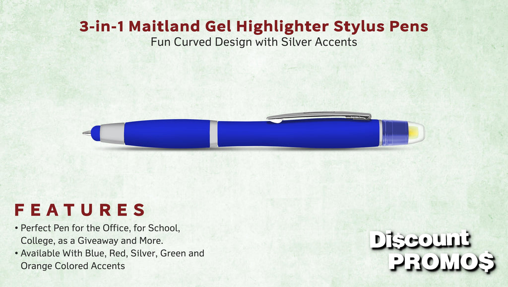 10 Maitland Gel Highlighter Stylus Pens Pack - Ballpoint, Black Ink - Blue