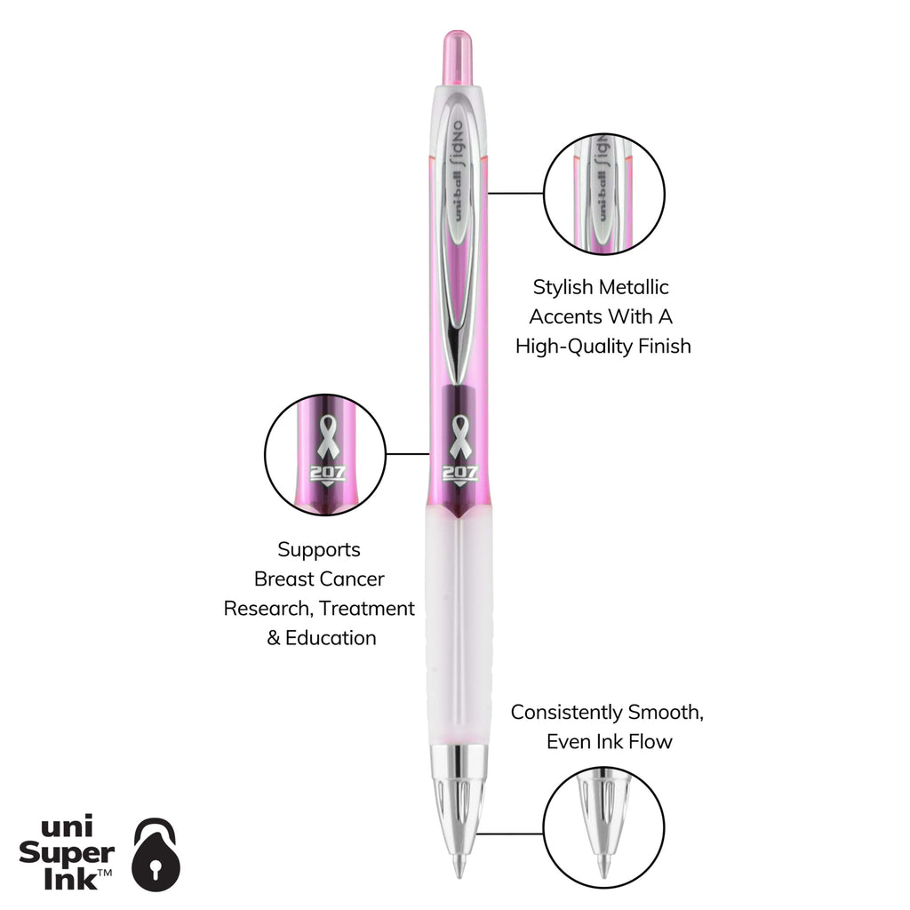 Uniball 207 Pink Ribbon Retractable Gel Pens, Medium Point (0.7mm), Black Ink, 12 Count