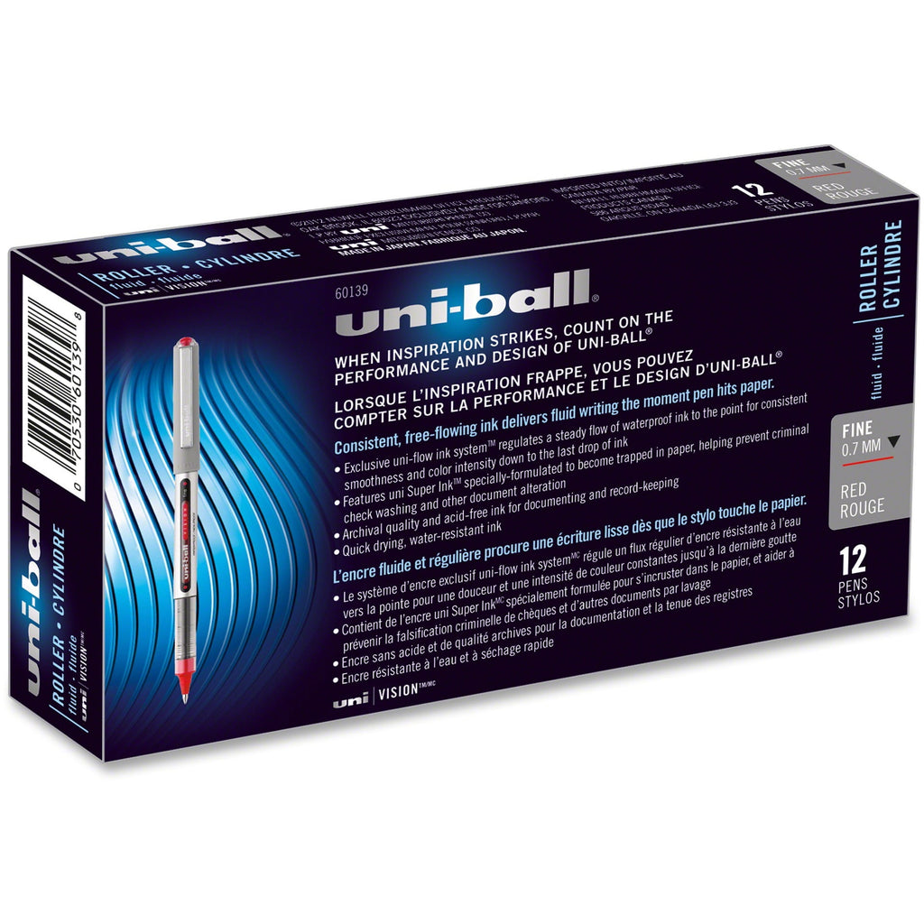 uni-ball® Vision™ Rollerball Pens, Fine Point, 0.7 mm, Gray Barrel, Red Ink, Pack Of 12